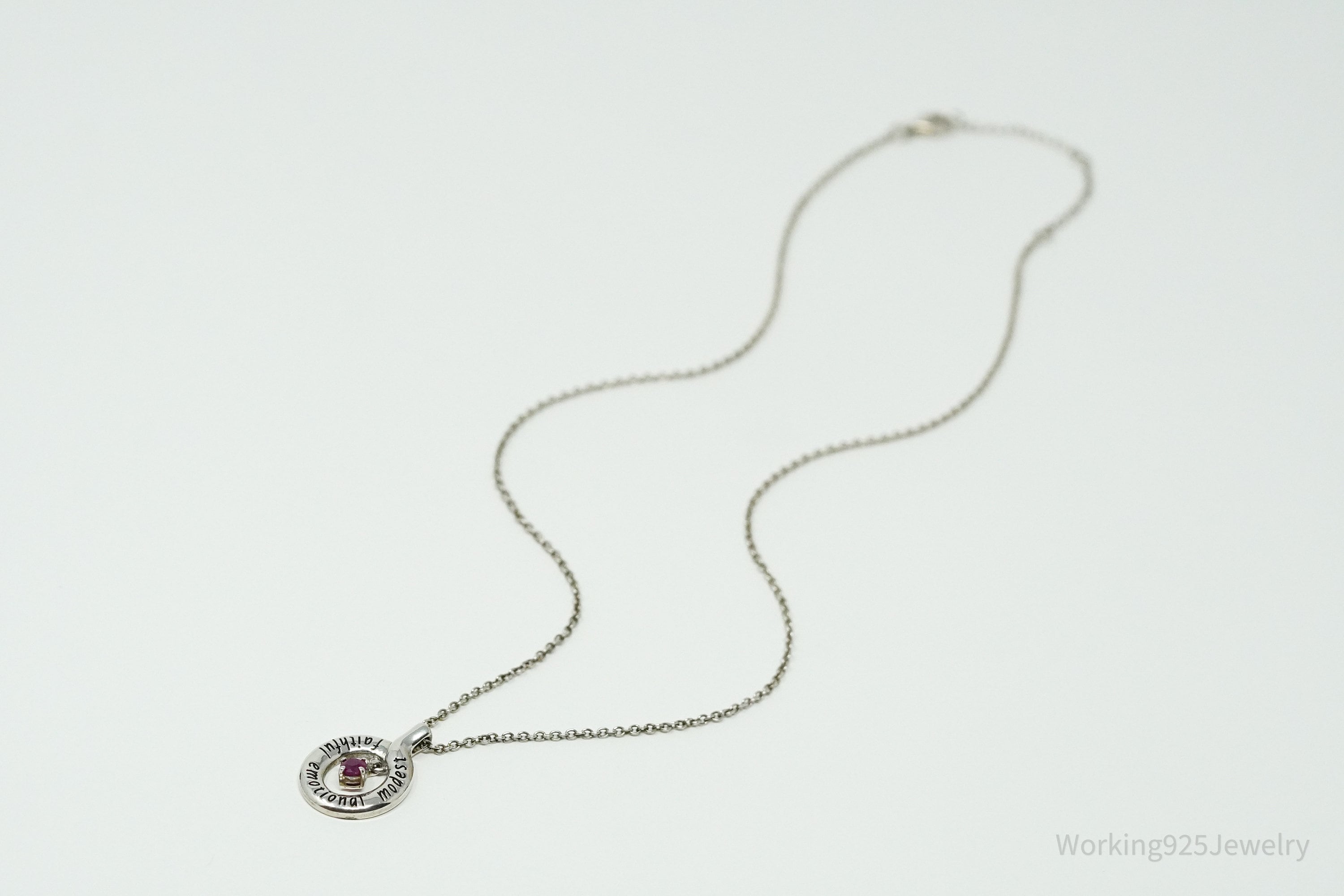 Vintage "Faithful Emotional Modest" Ruby Sterling Silver Necklace 18"
