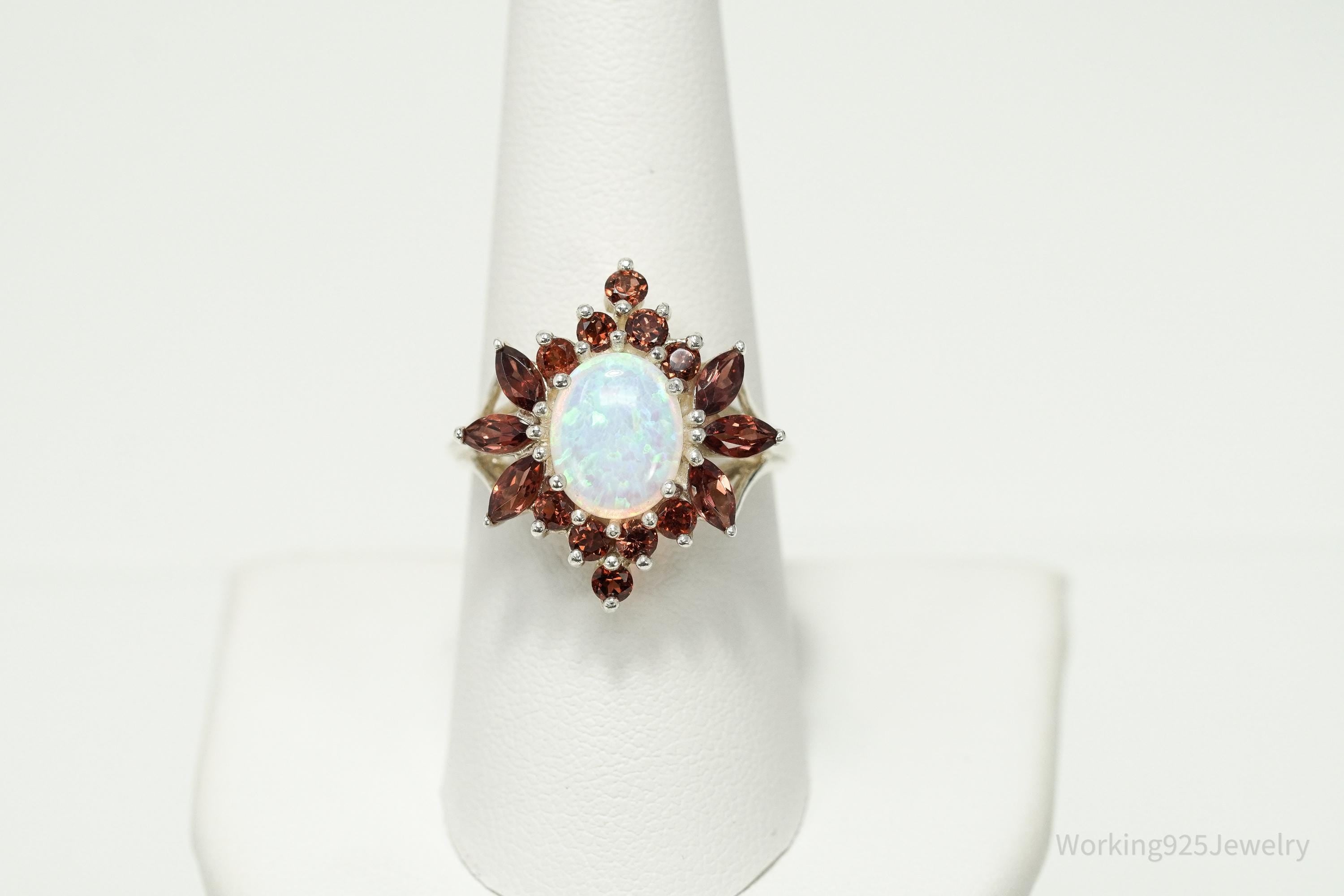Vintage Opal & Garnet Sterling Silver Cluster Ring - Size 8