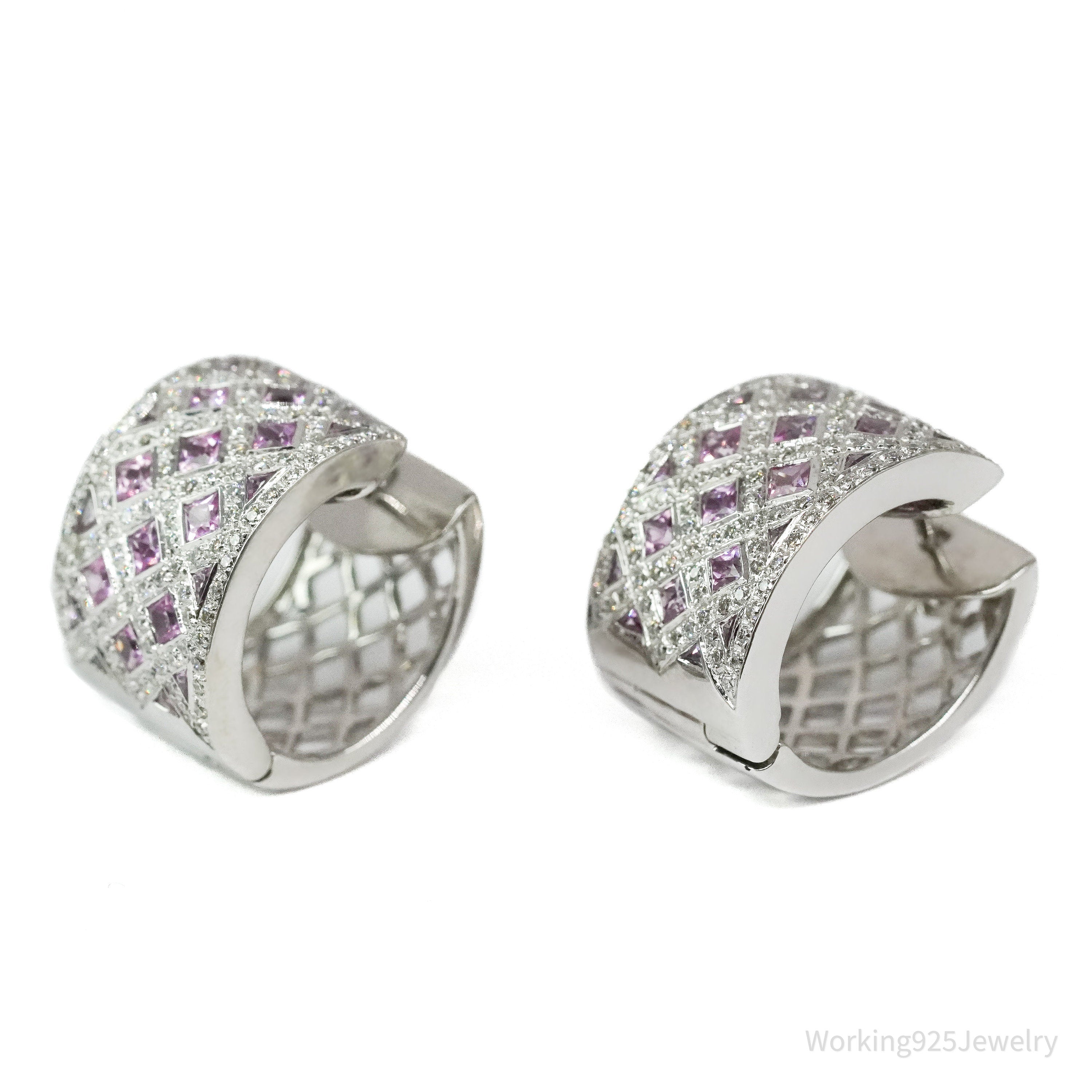 14K White Gold, Diamonds, & Pink Sapphires Earrings