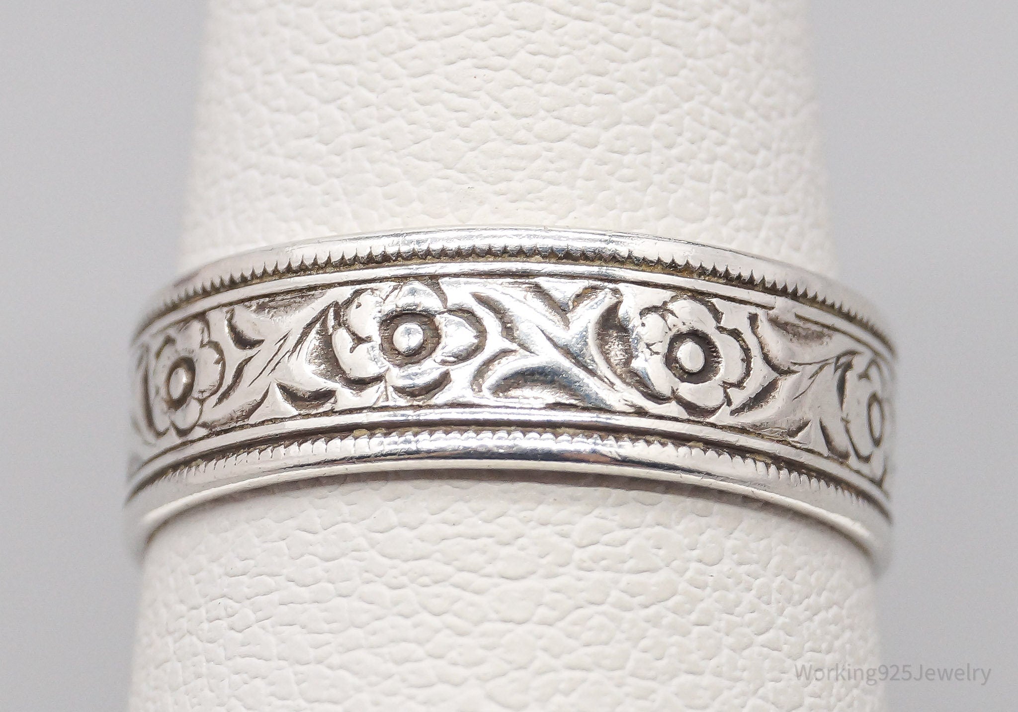 Antique Uncas Mfg. Co. Flowers Pattern Sterling Silver Band Ring - Size 6.75