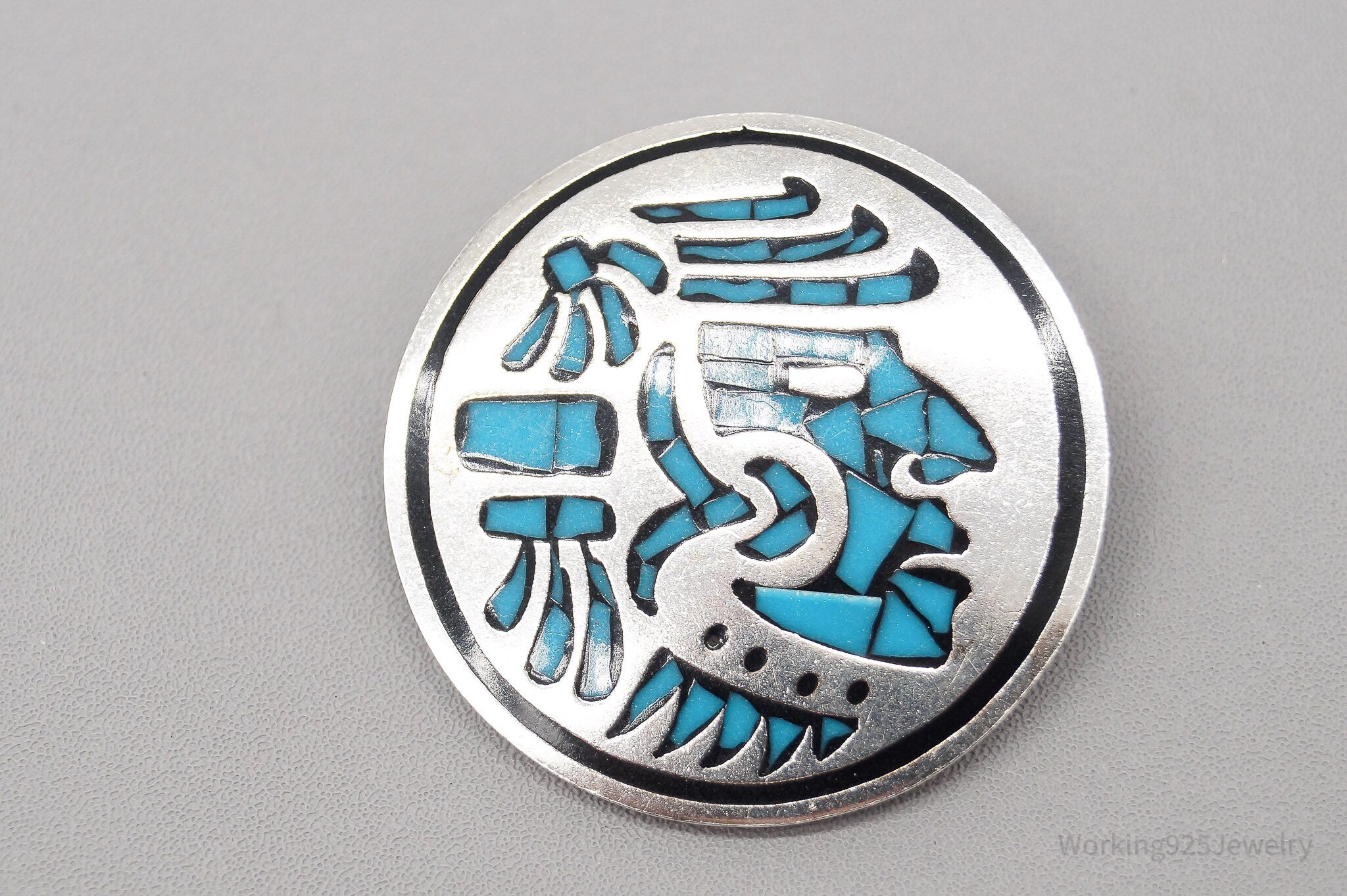 Vintage Mexico Mayan Aztec Warrior Turquoise Inlay Sterling Silver Pin Pendant