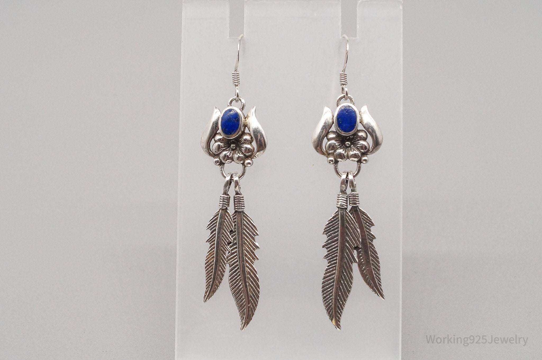 Vintage Lapis Lazuli Flower Feather Sterling Silver Earrings