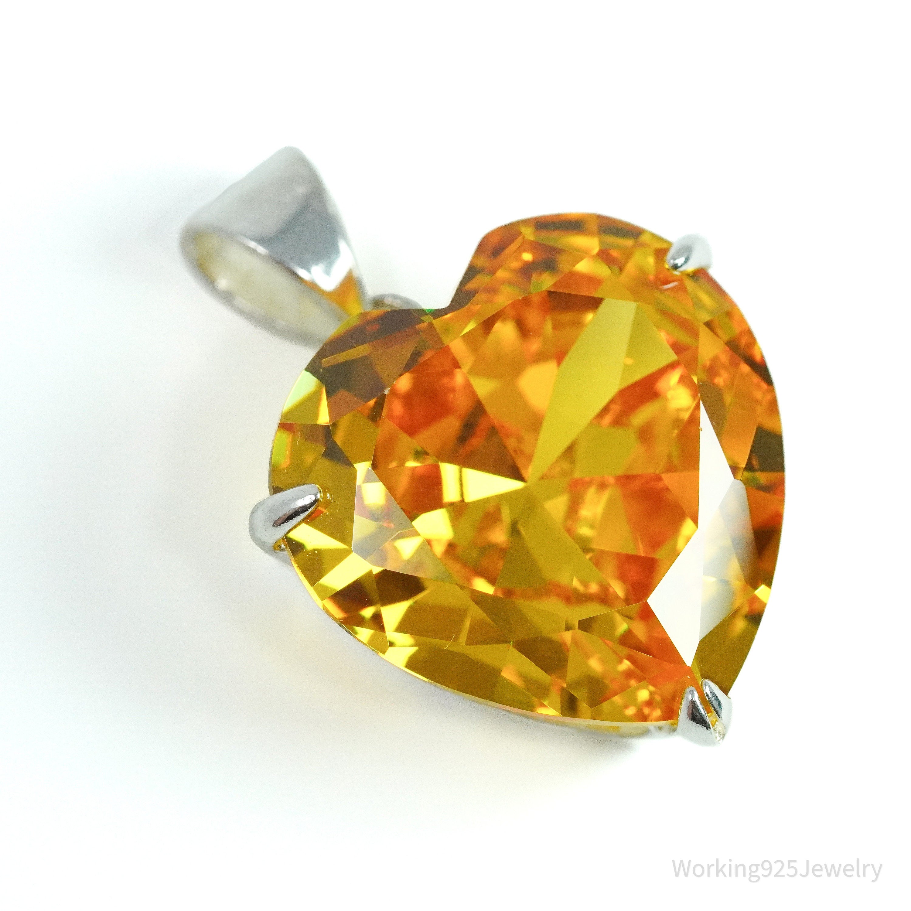 Vintage Large Citrine Heart Sterling Silver Necklace Pendant