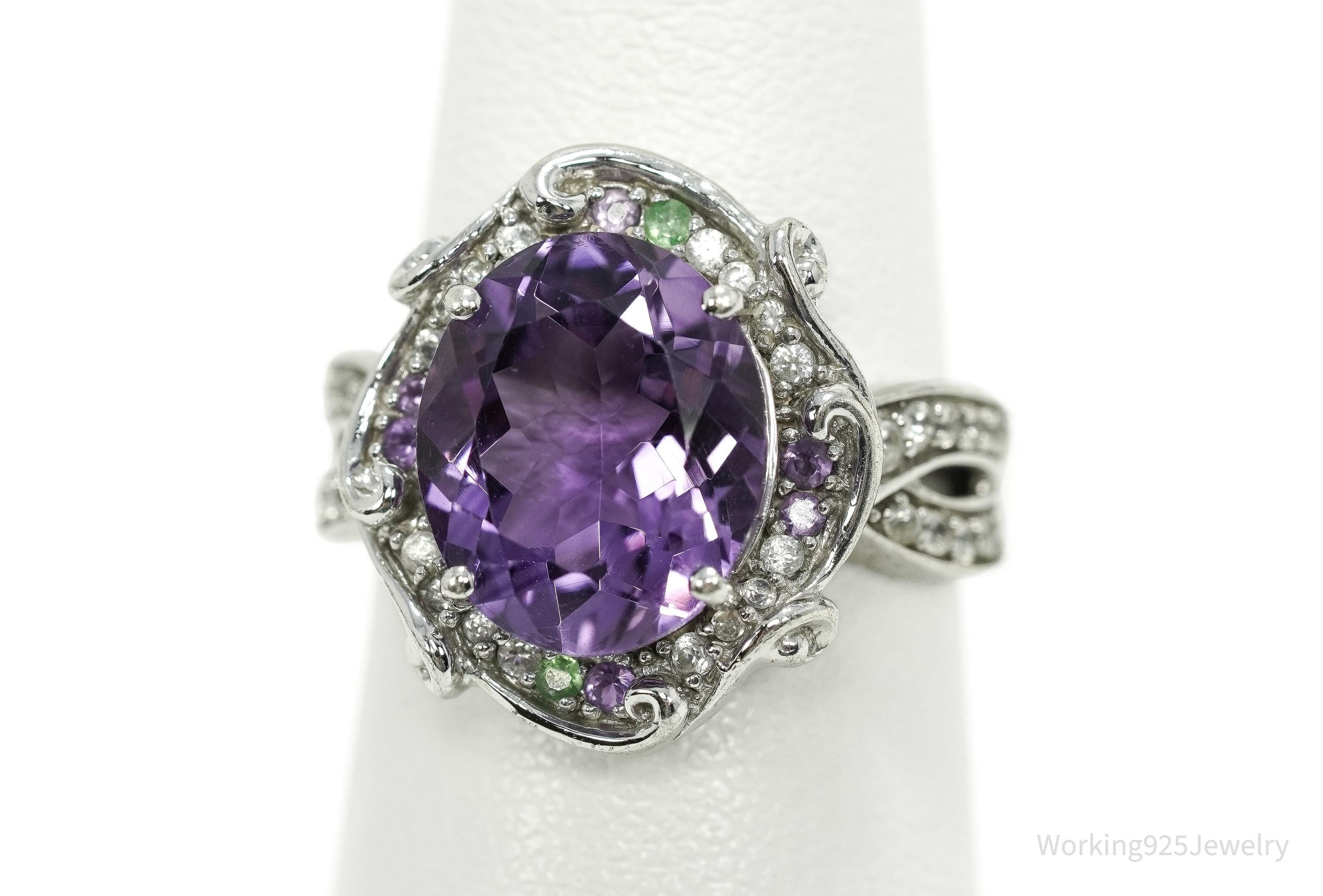 Vintage Amethyst, Cubic Zirconia, & Peridot Sterling Silver Ring - Size 6