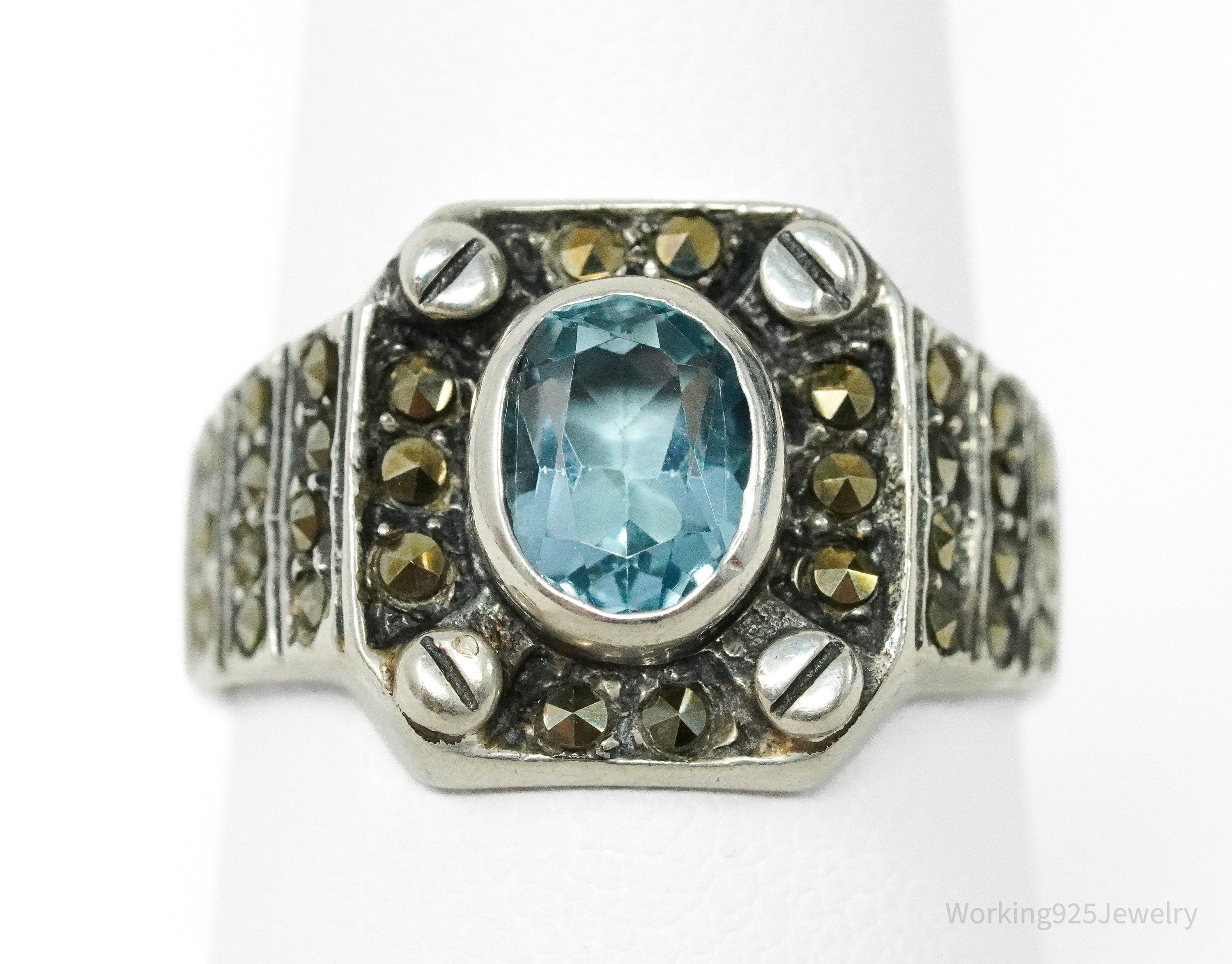 Vintage Blue Topaz & Marcasite Sterling Silver Ring - Size 7.75