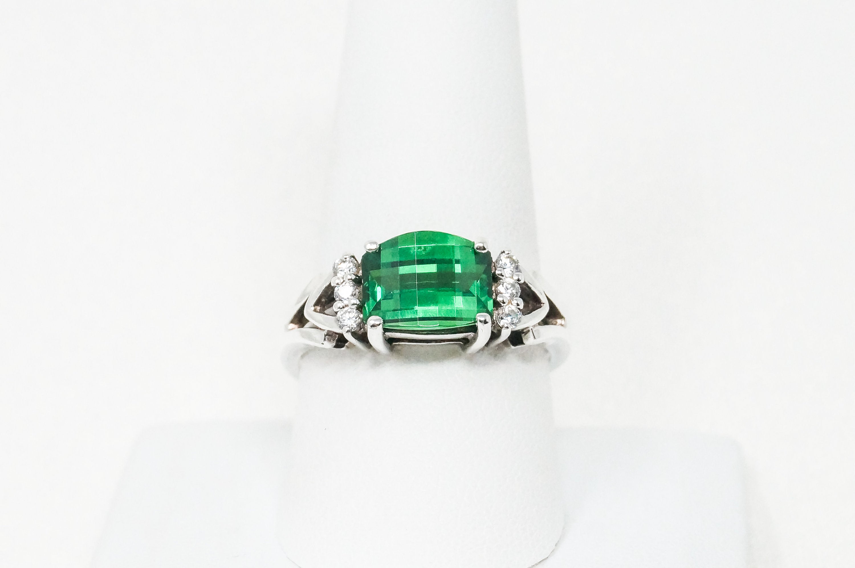 Vintage Simulated Green Emerald Cz Accented Art Deco Sterling Silver Ring Sz 9.5