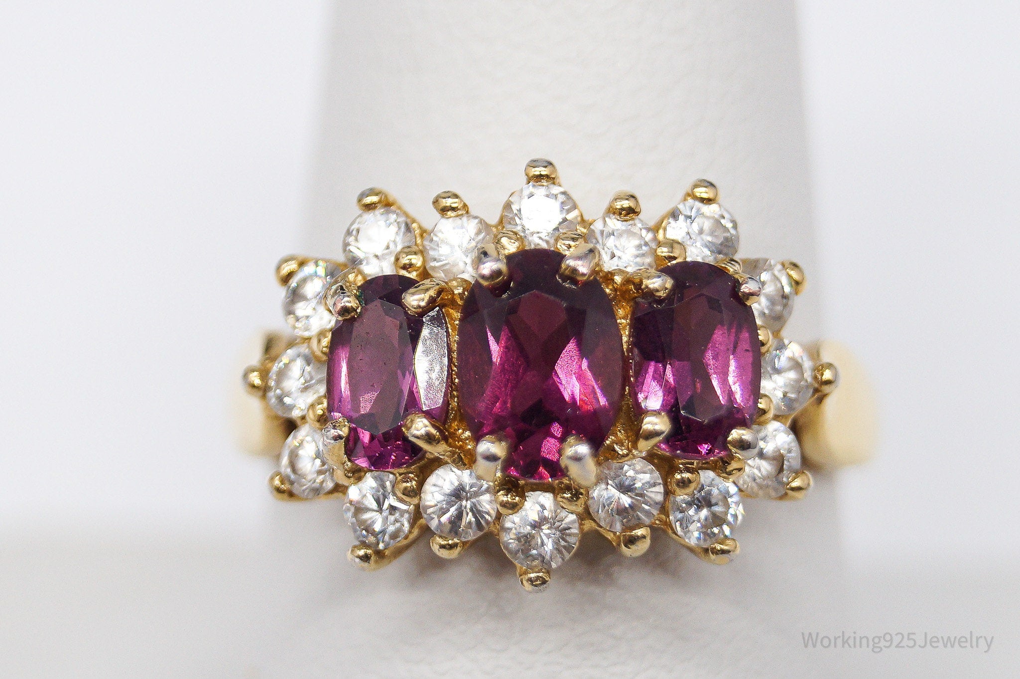 Vintage Pink Tourmaline Cubic Zirconia Gold Vermeil Sterling Silver Ring - Size 9