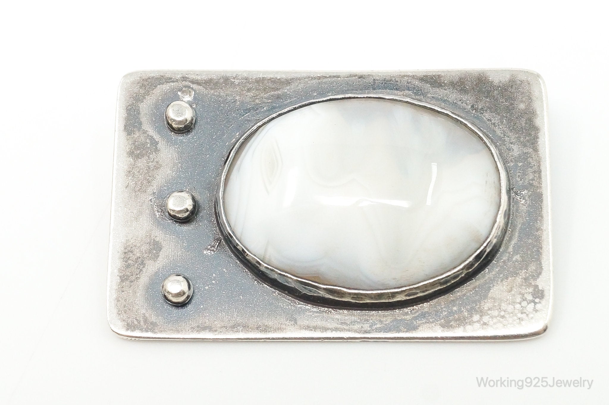 Vintage Modernist Large White Agate Sterling Silver Pin Brooch