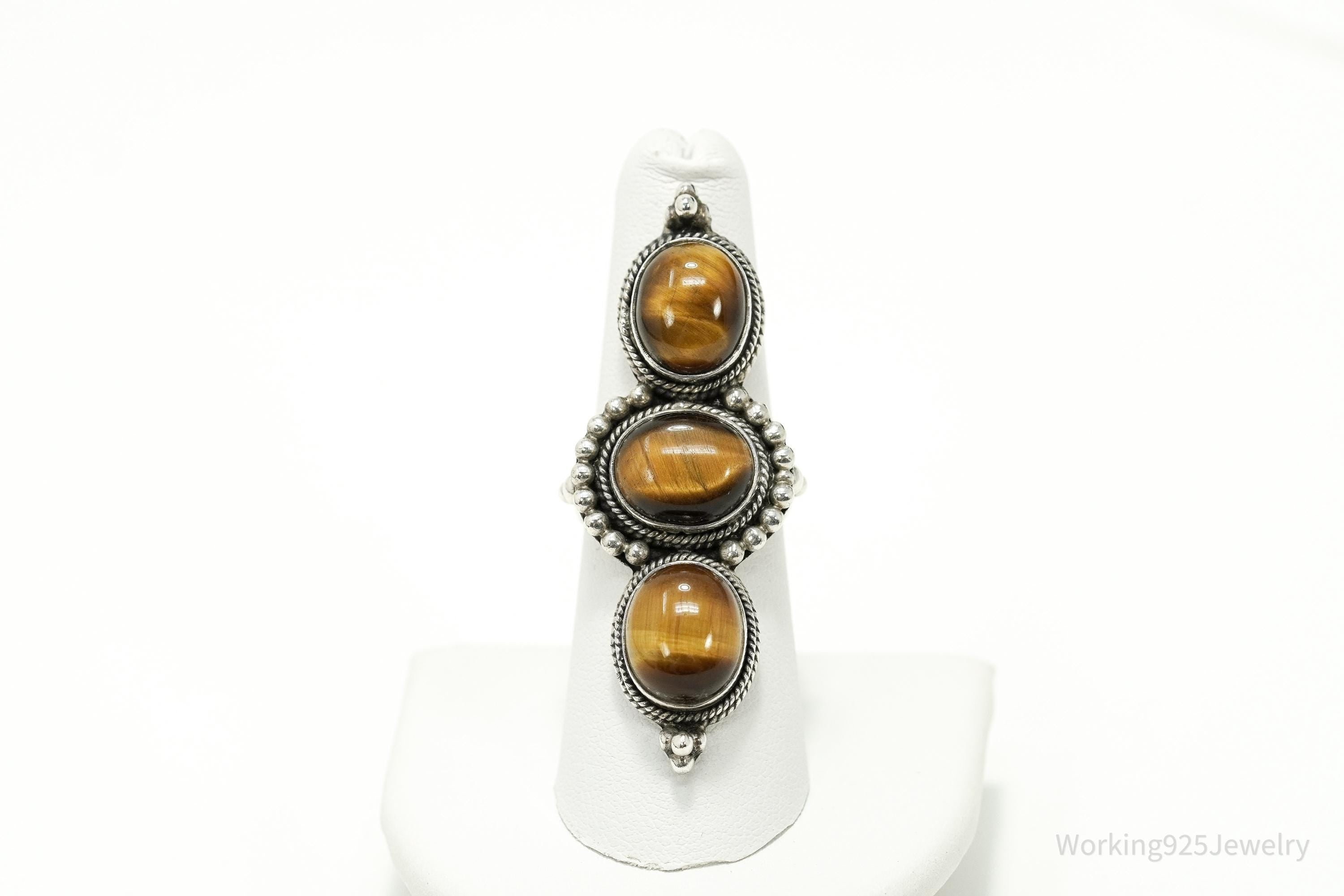 Vintage Boho Tiger’s Eye Sterling Silver Long Statement Ring – Size 7.25