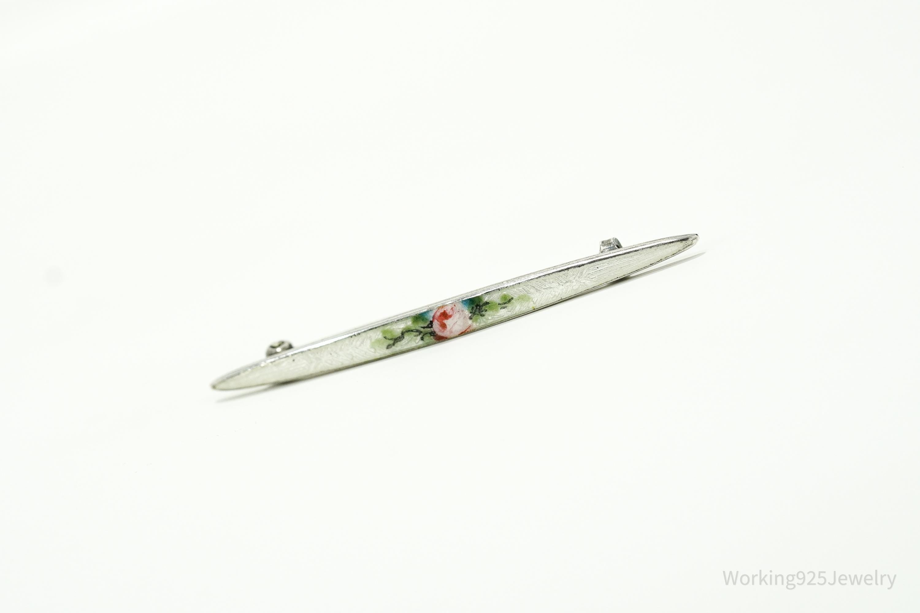 Antique Victorian Rose Guilloche Enamel Sterling Silver Brooch Pin