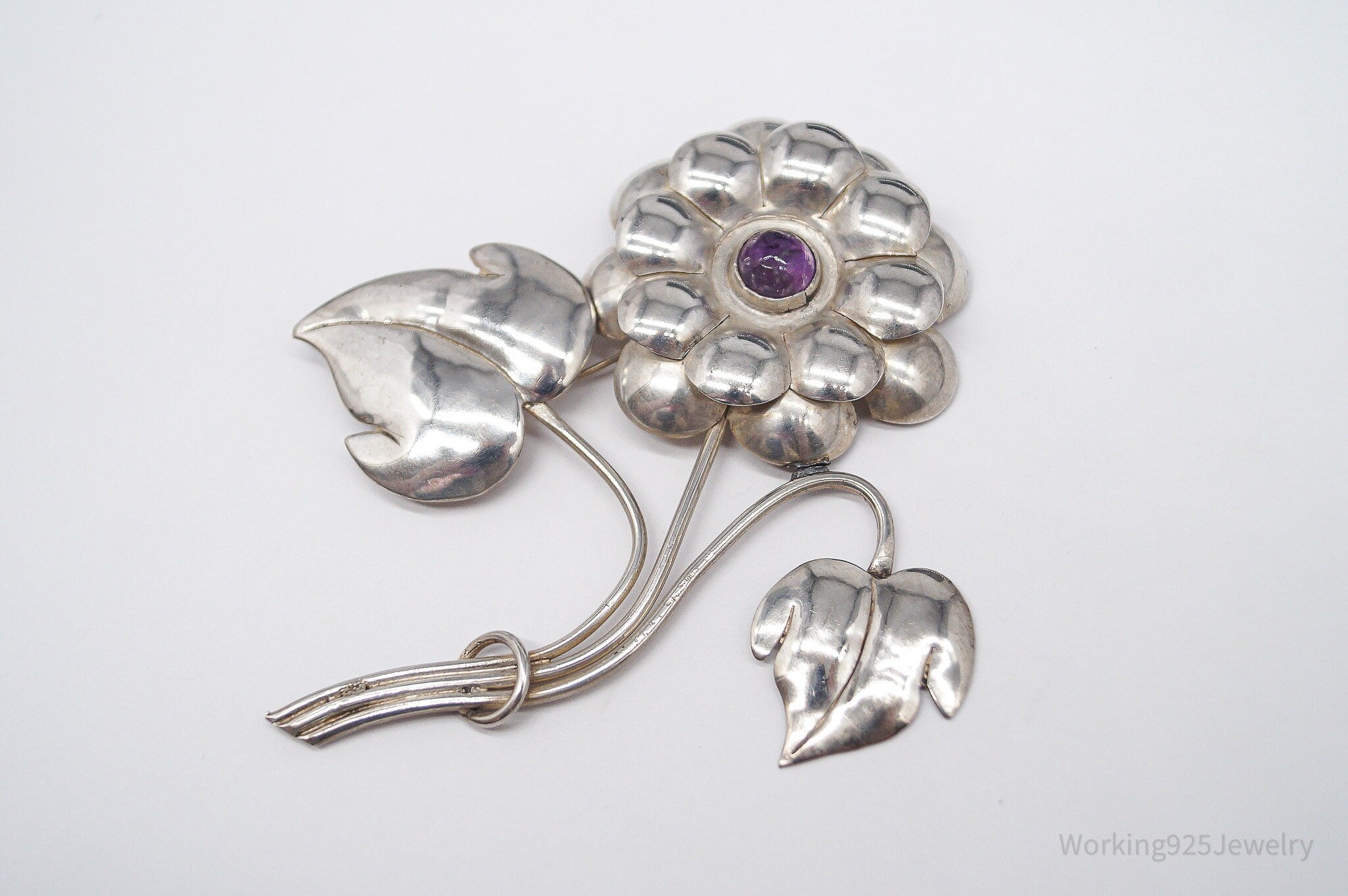 Large Vintage Mexico Modernist Flower Amethyst & Sterling Silver Brooch Pin