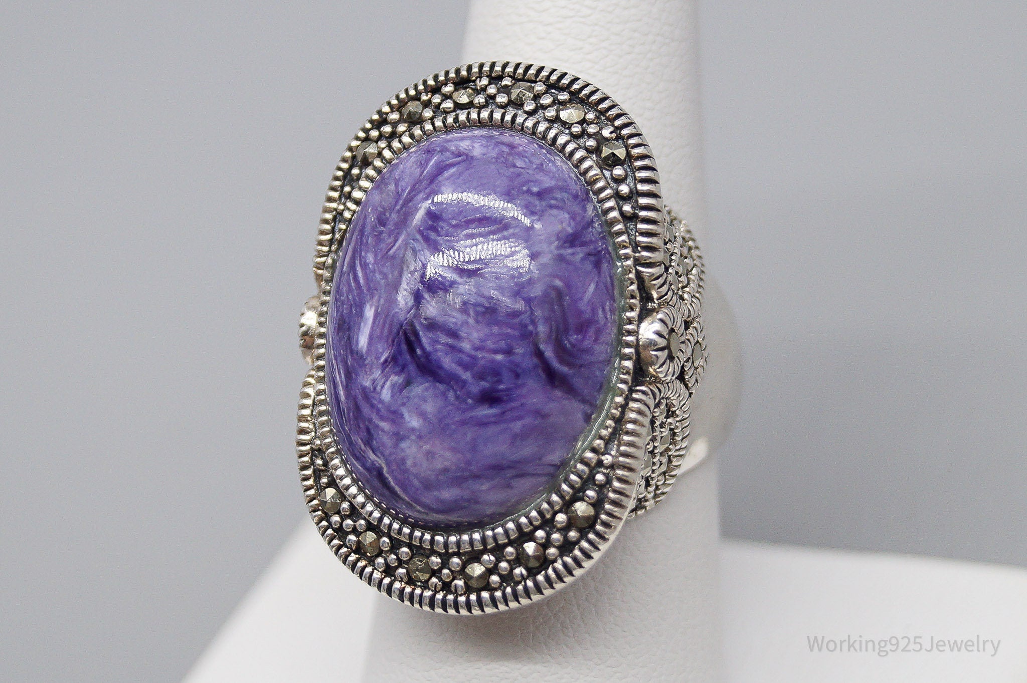 Vintage Charoite Marcasite Sterling Silver Ring - Size 7.75
