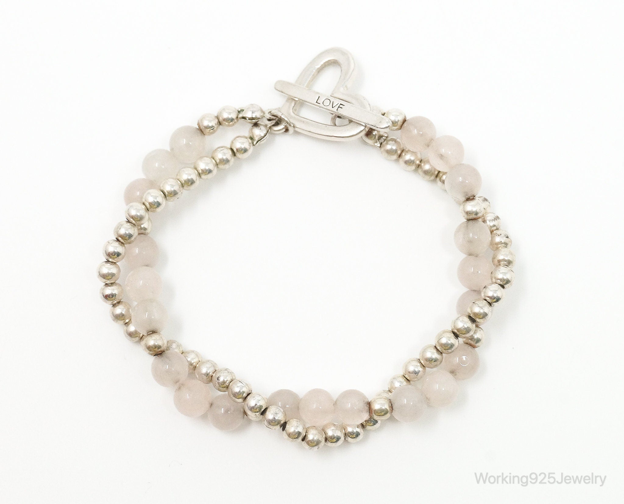 Vintage Rose Quartz Beaded Sterling Silver Heart Toggle Bracelet