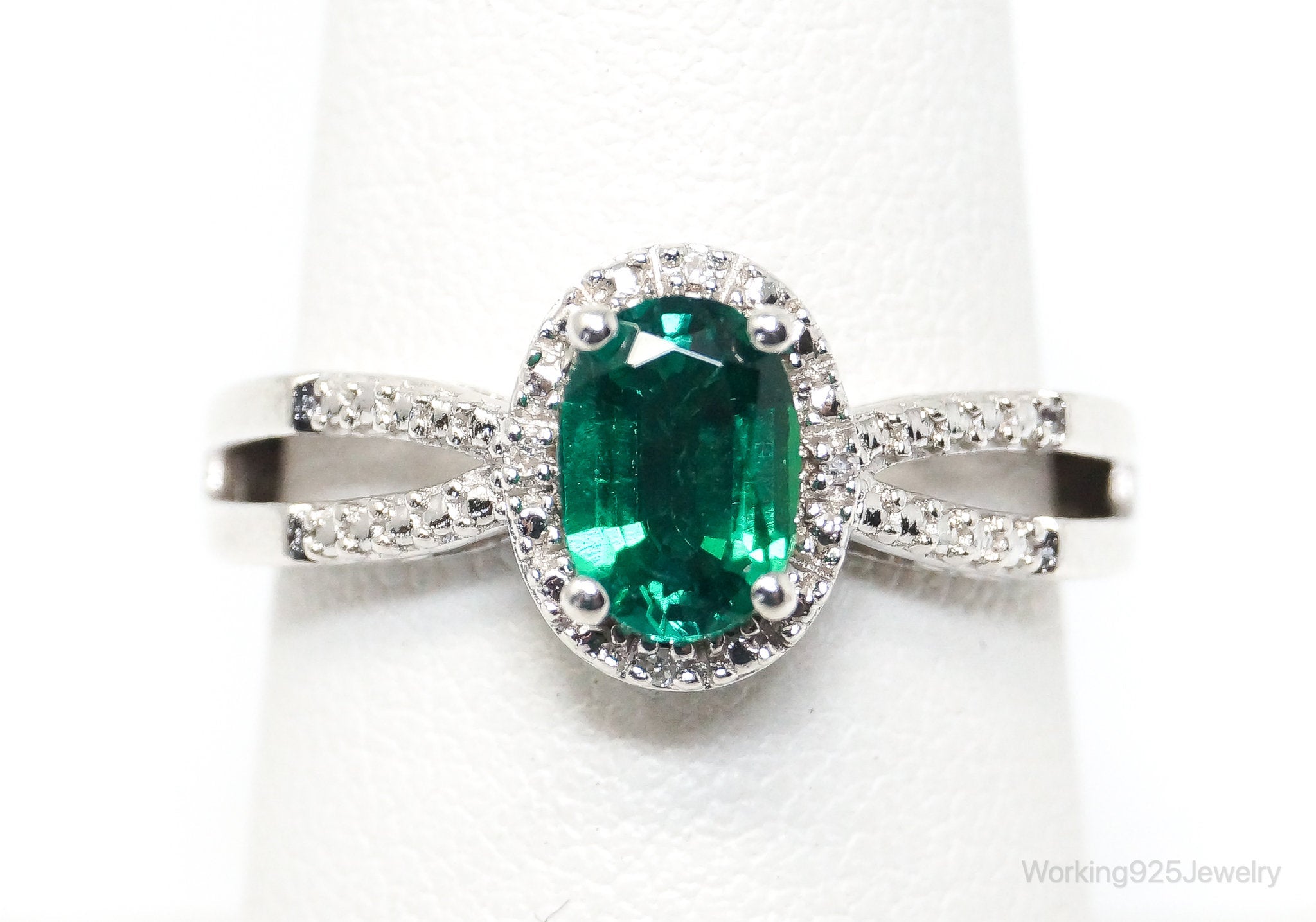 Vintage Simulated Emerald CZ Accented Sterling Silver Ring SZ 7