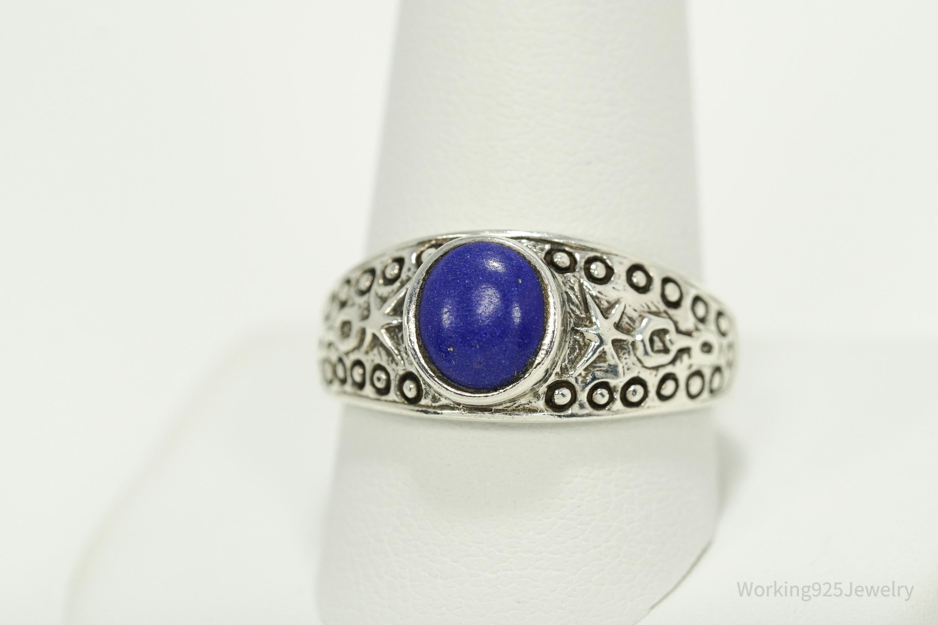 Vintage Lapis Lazuli Viking Style Sterling Silver Ring - Size 11.25