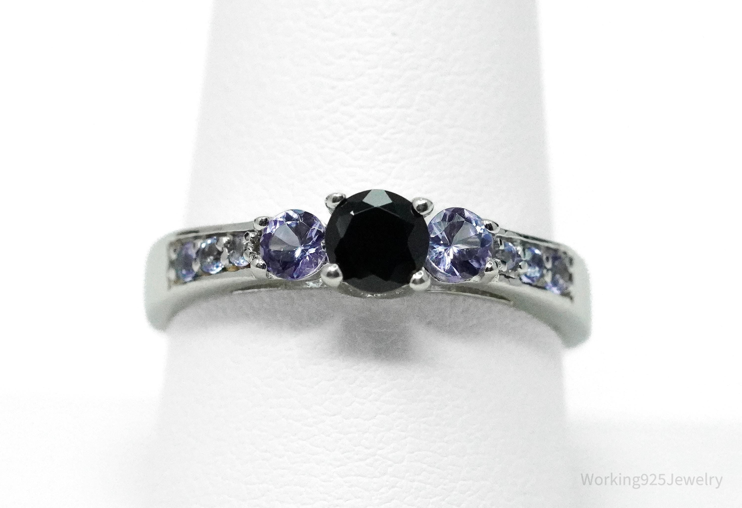 Vintage Black Tourmaline & Tanzanite Sterling Silver Ring - Size 9
