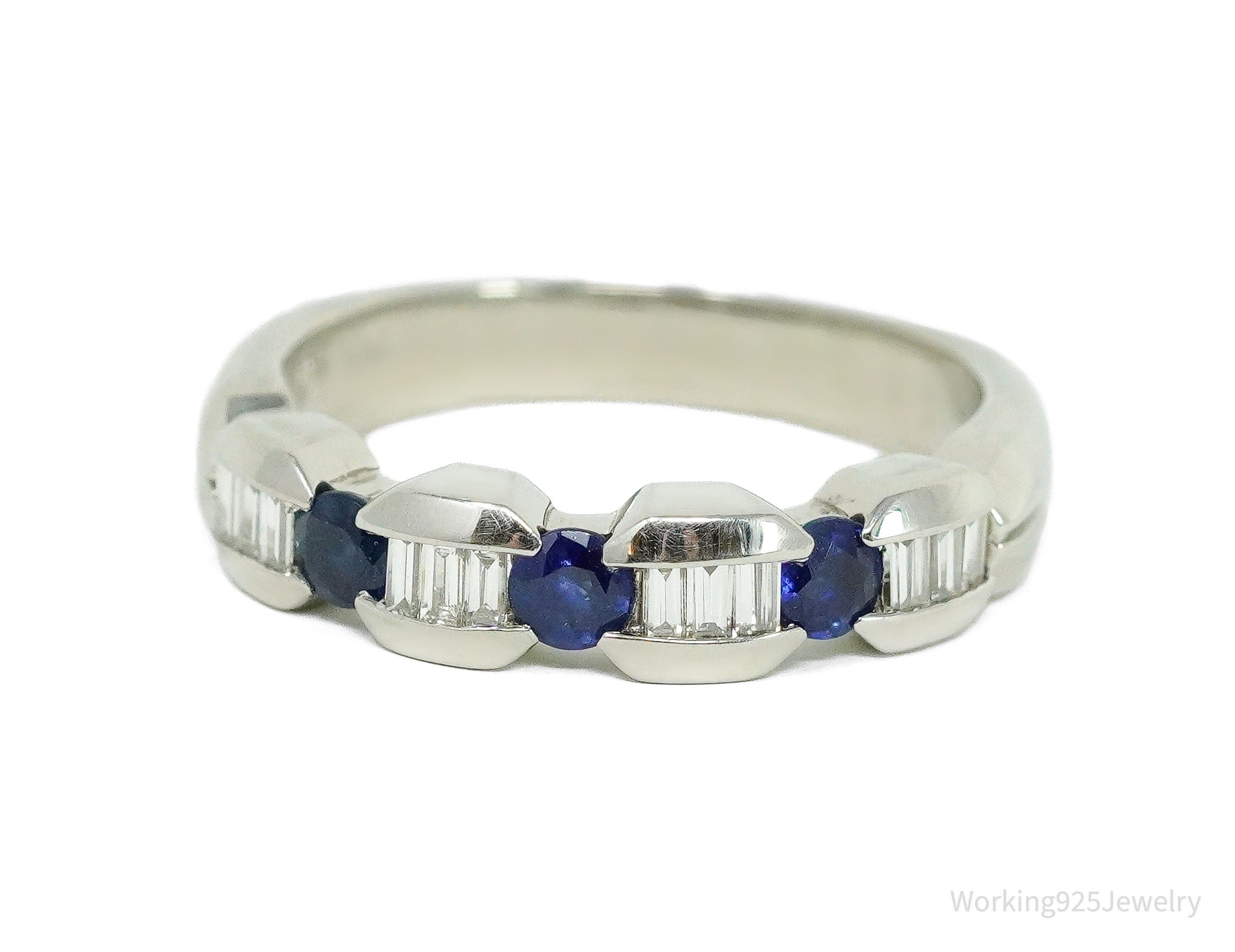 Platinum and Mixed Cut Sapphire and Diamond Prong Set Ring - Size 7.25