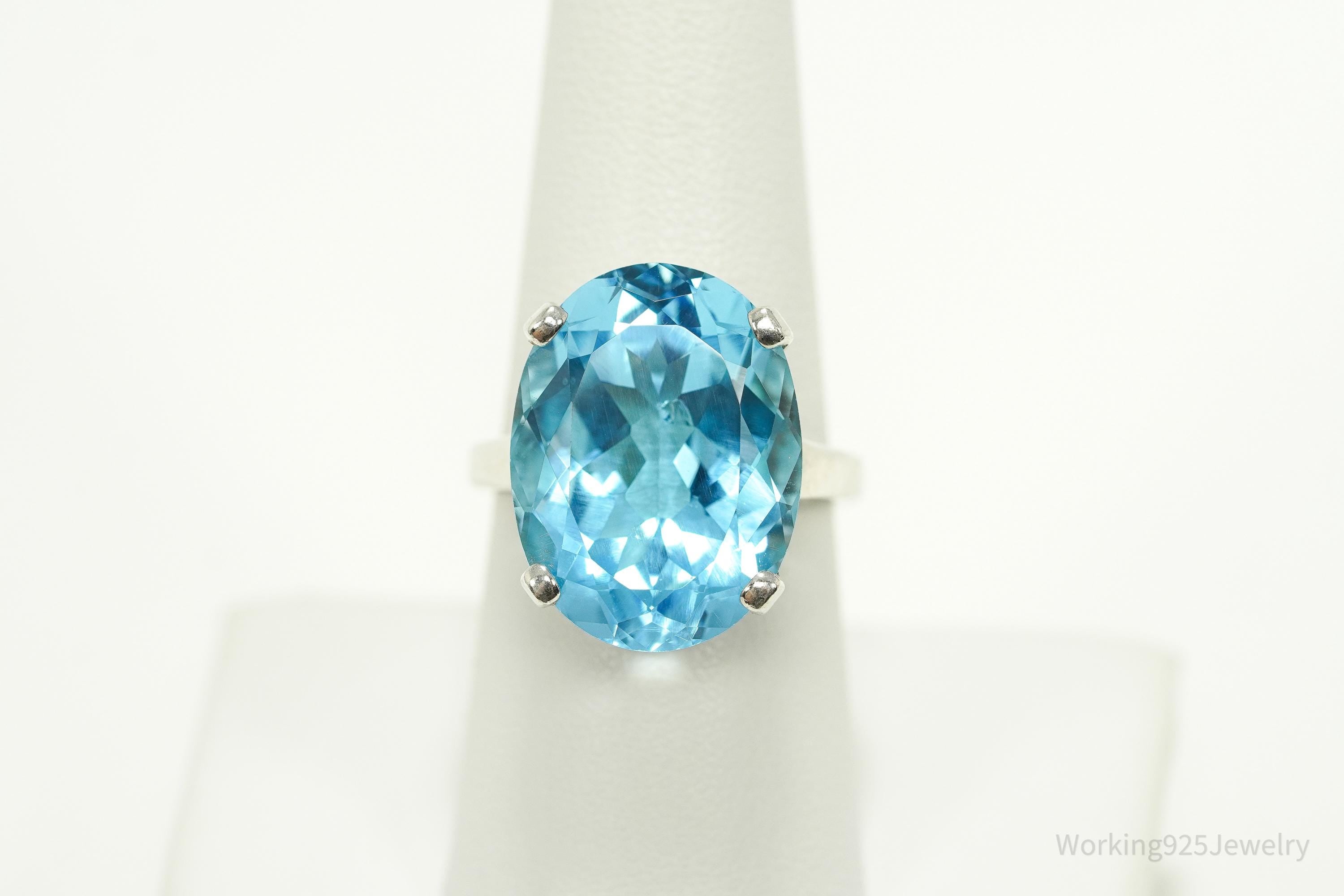Vintage Large Blue Topaz Sterling Silver Ring - Size 8