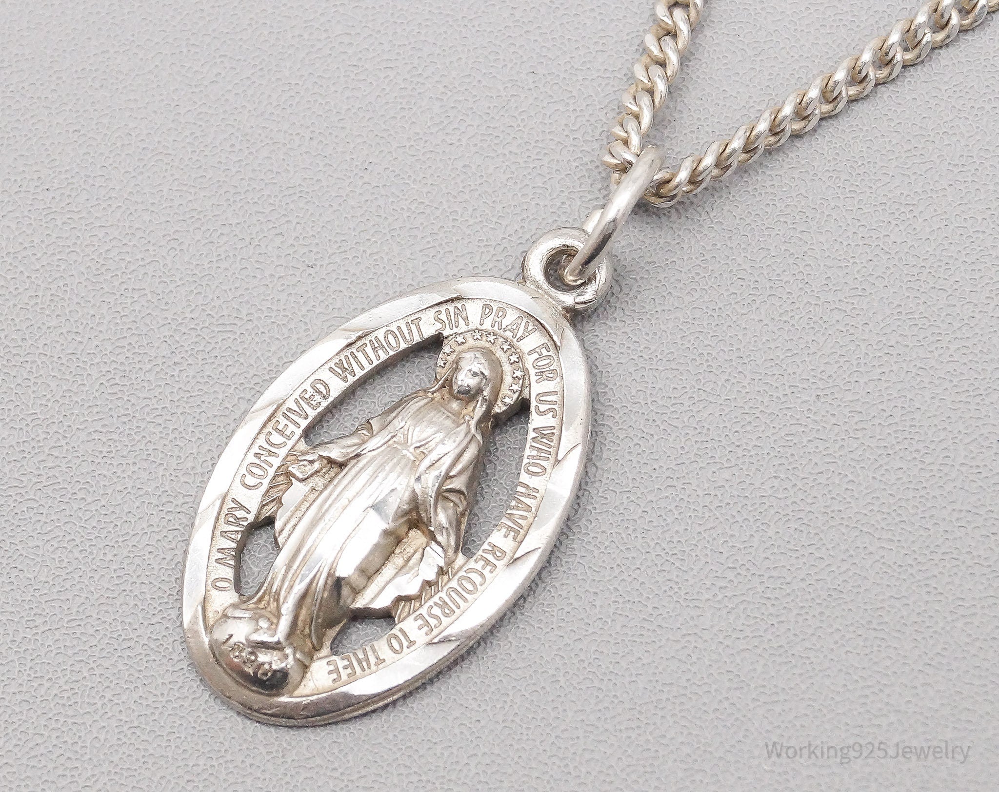 Antique Miraculous Medal Sterling Silver Necklace 24"