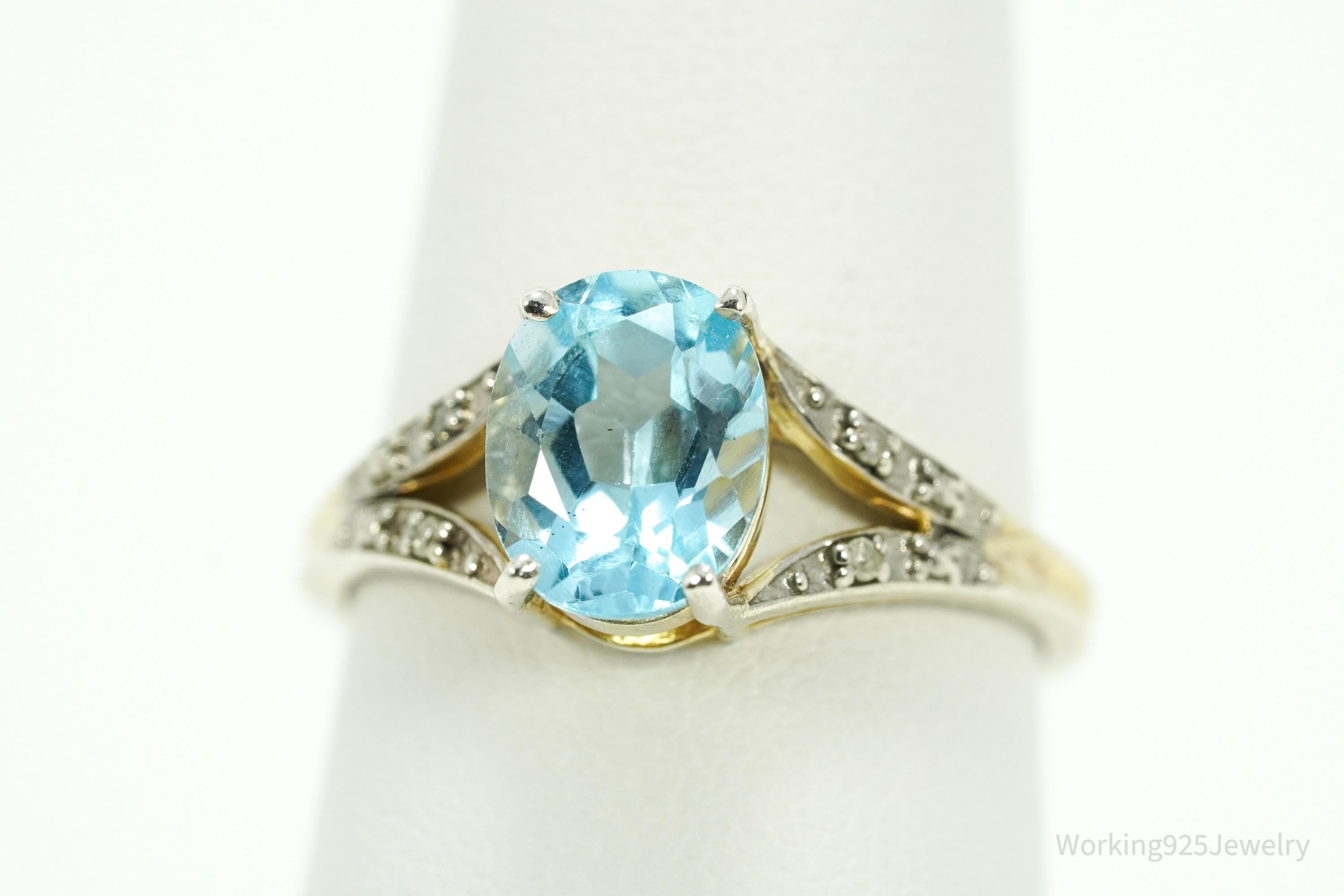 Vintage Blue Topaz & Diamond Gold Wash Sterling Silver Ring - Size 8