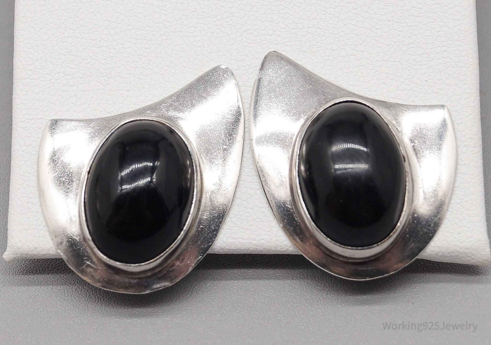 Vintage Large Mexico Modernist Black Onyx Sterling Silver Clip On Earrings