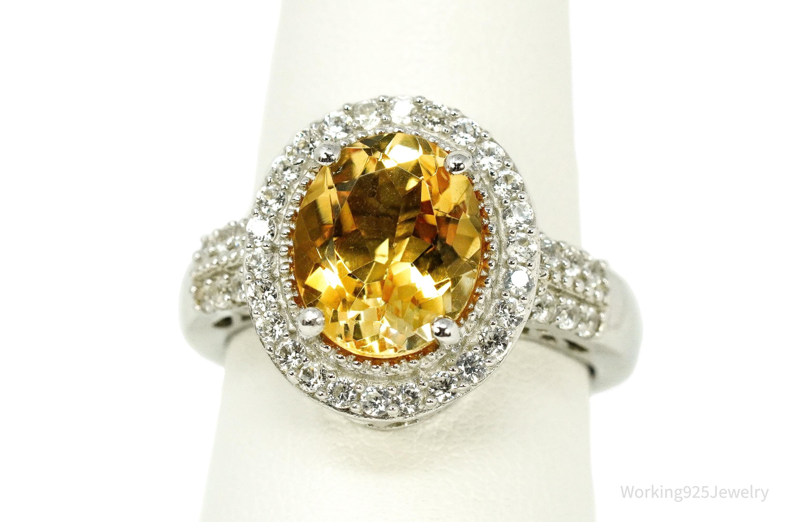 Vintage Large Citrine & Cubic Zirconia Sterling Silver Statement Ring - Size 8