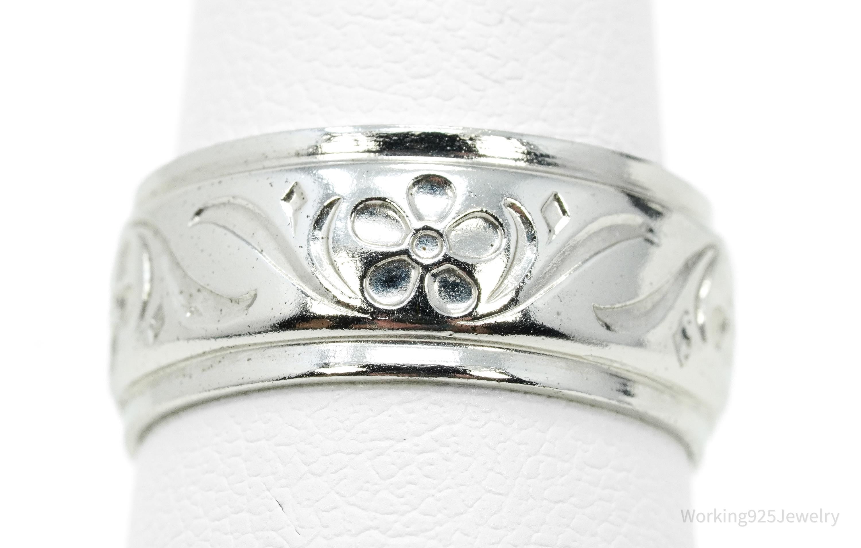 Antique Uncas Mfg. Co. Flowers Sterling Silver Band Ring - Size 5