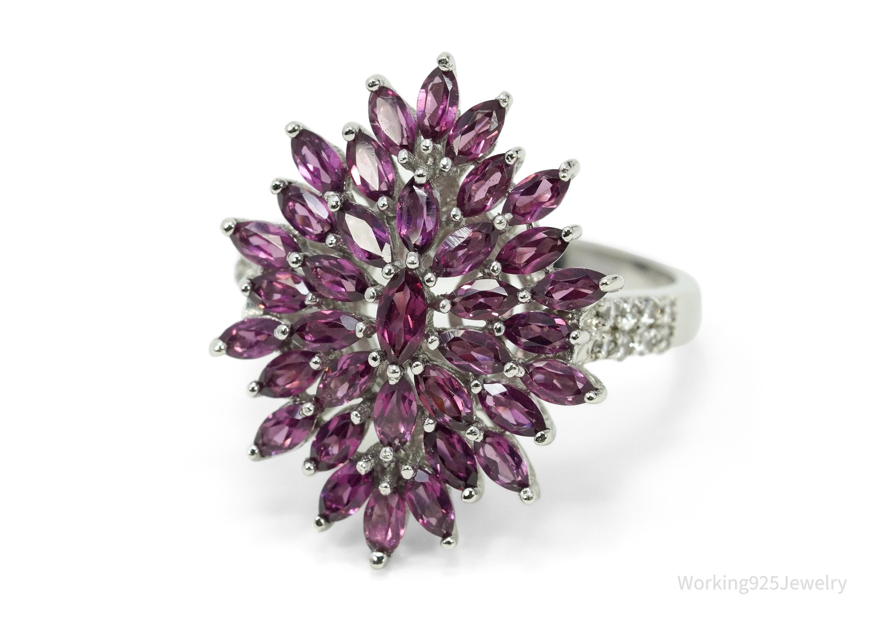 Rhodolite Garnet & White Zircon Sterling Silver Ring - Size 10.25