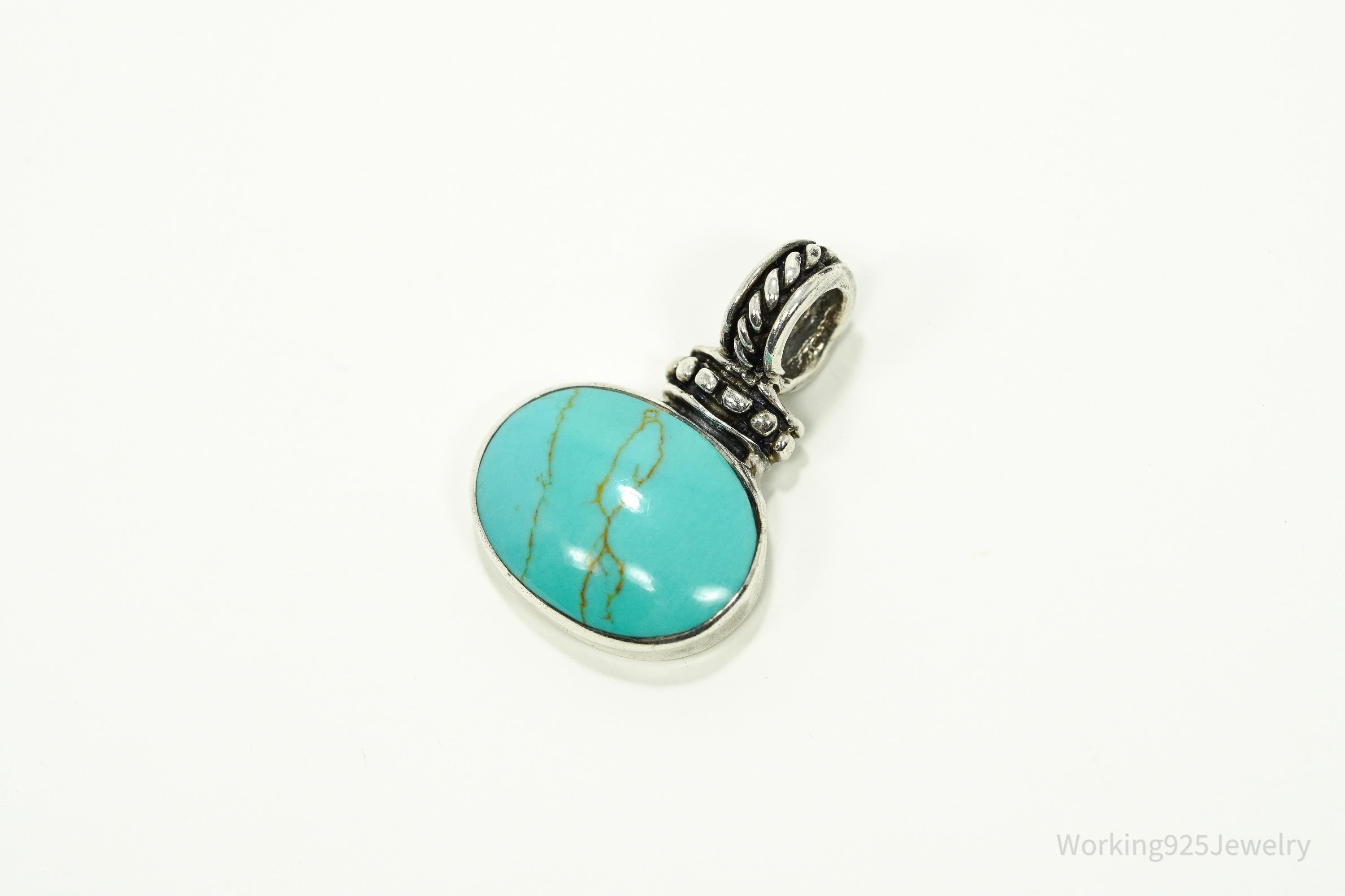 Vintage Blue Turquoise Sterling Silver Pendant 1 1/8"