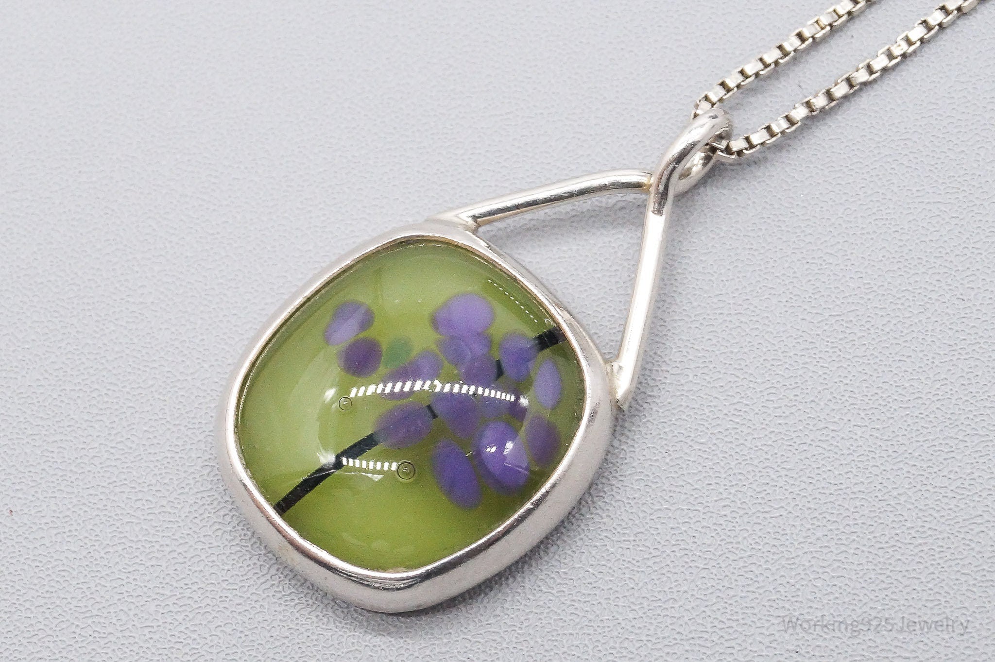 Vintage Abstract Glass Sterling Silver Necklace 17"