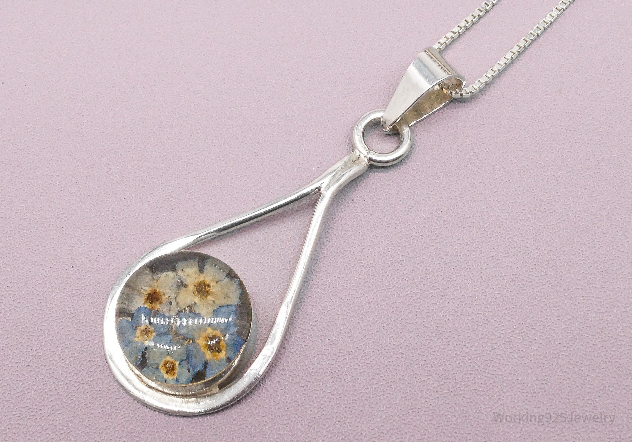 Vintage Dried Flowers Sterling Silver Necklace 20"