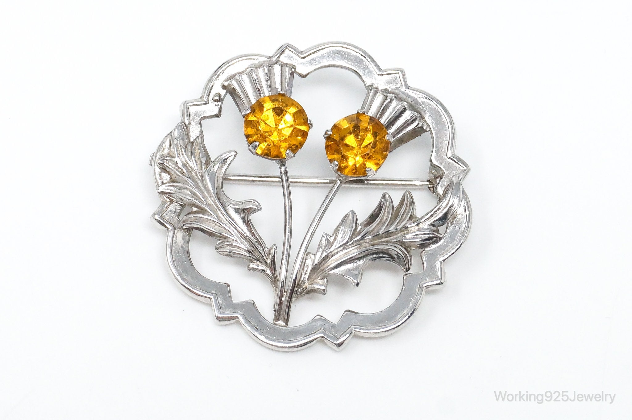 Vintage WB Ward Brothers Citrine Scottish Thistle Sterling Silver Brooch