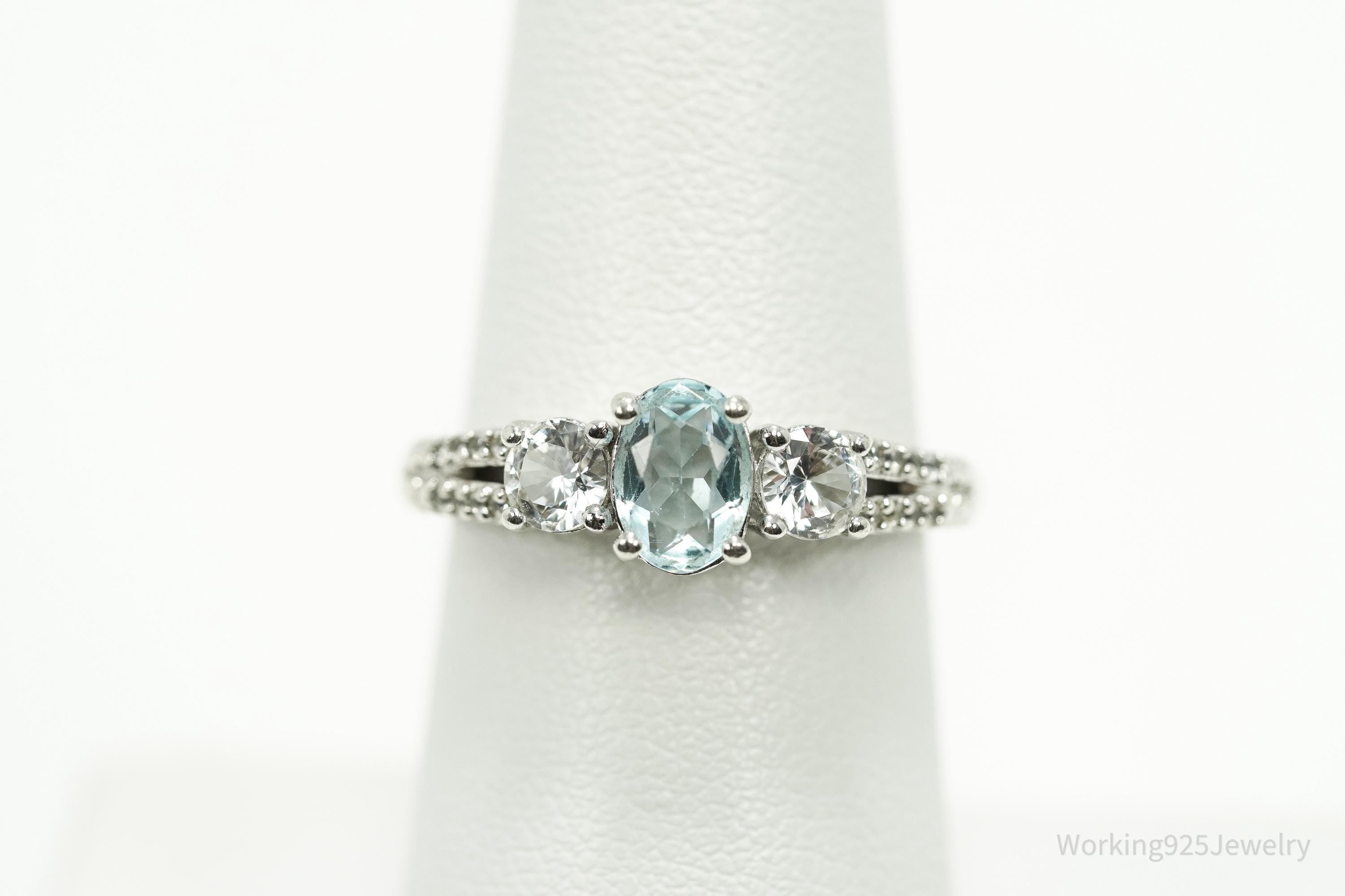 Vintage Blue Topaz & Cubic Zirconia Sterling Silver Ring - Size 7