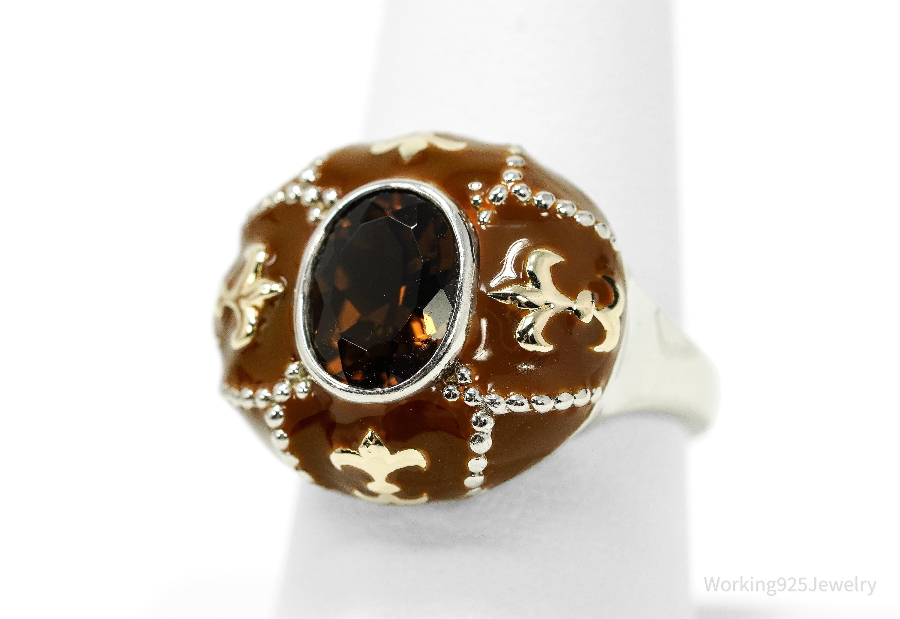 Vintage Y2K Smoky Topaz Enamel Dome Gold Vermeil Sterling Silver Ring Size 8