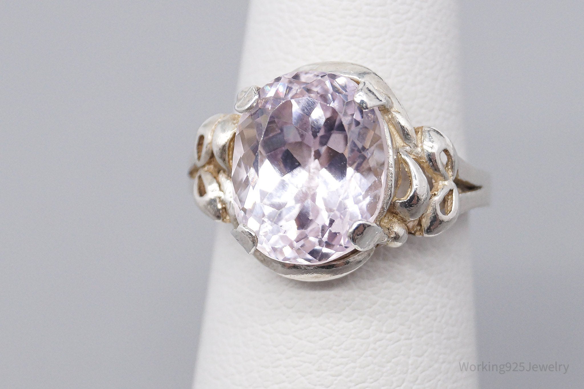 Vintage Large Pink Amethyst Sterling Silver Ring - Size 4.75