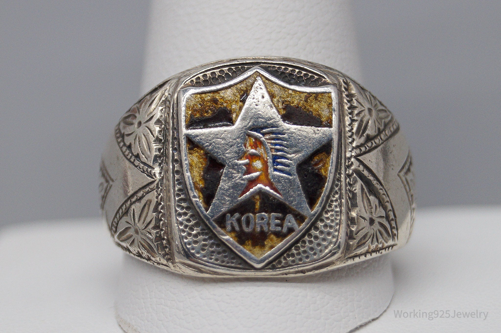 Rare Vintage Korea Faded Enamel Silver Ring - Size 13.25