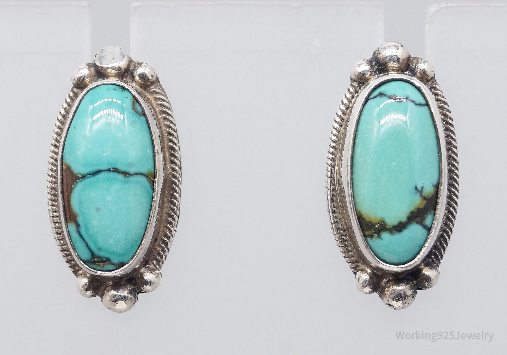 Vintage Native American JW Turquoise Sterling Silver Earrings
