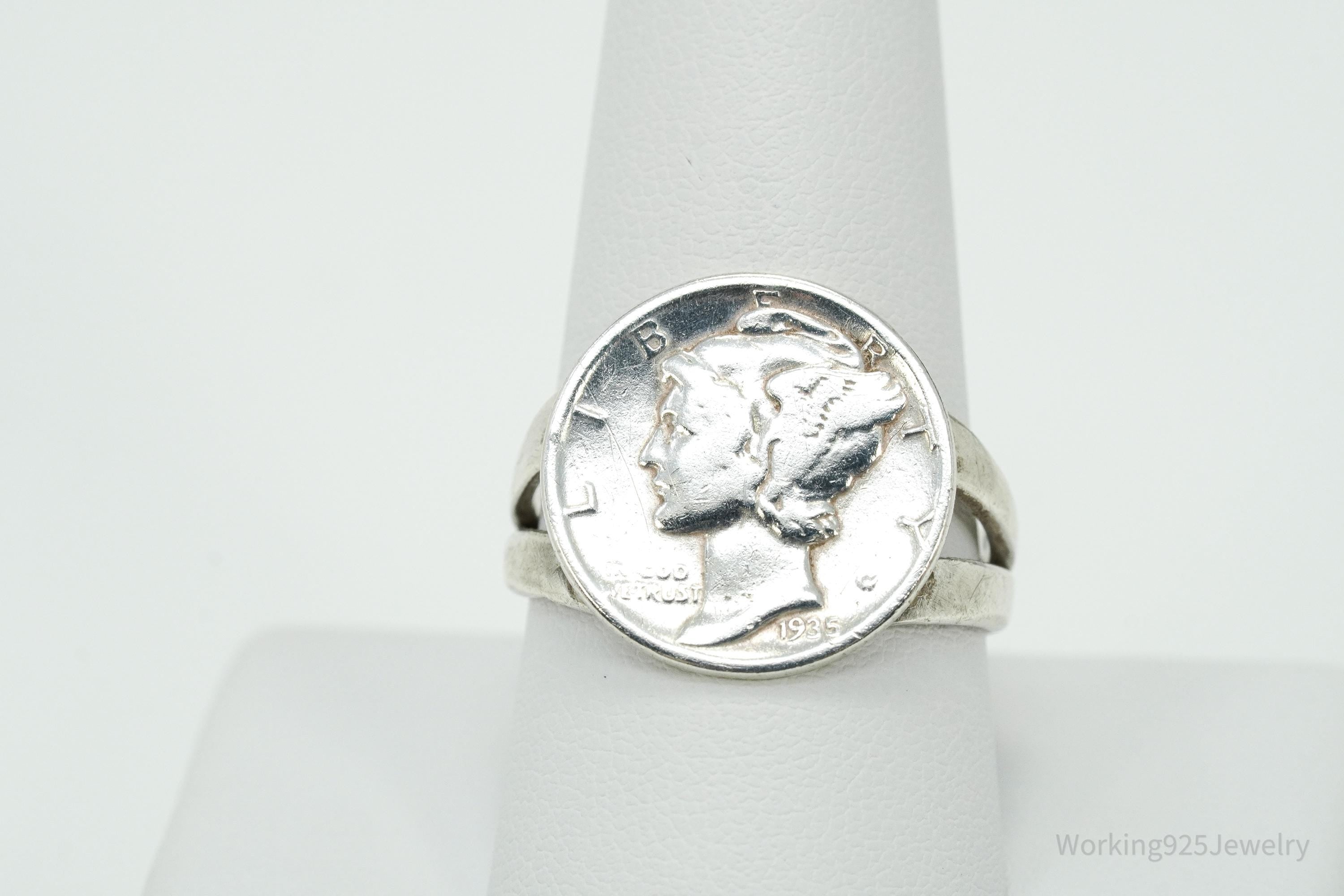 Vintage 1935 Mercury Dime Coin Silver Ring - Size 10.25