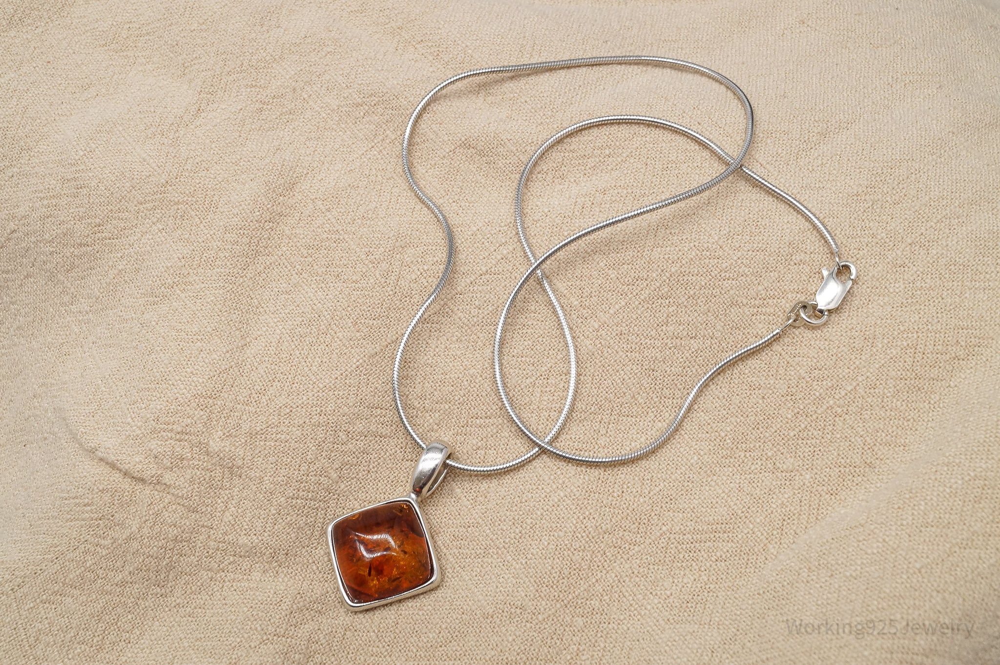 Vintage Amber Sterling Silver Chain Necklace - 16"