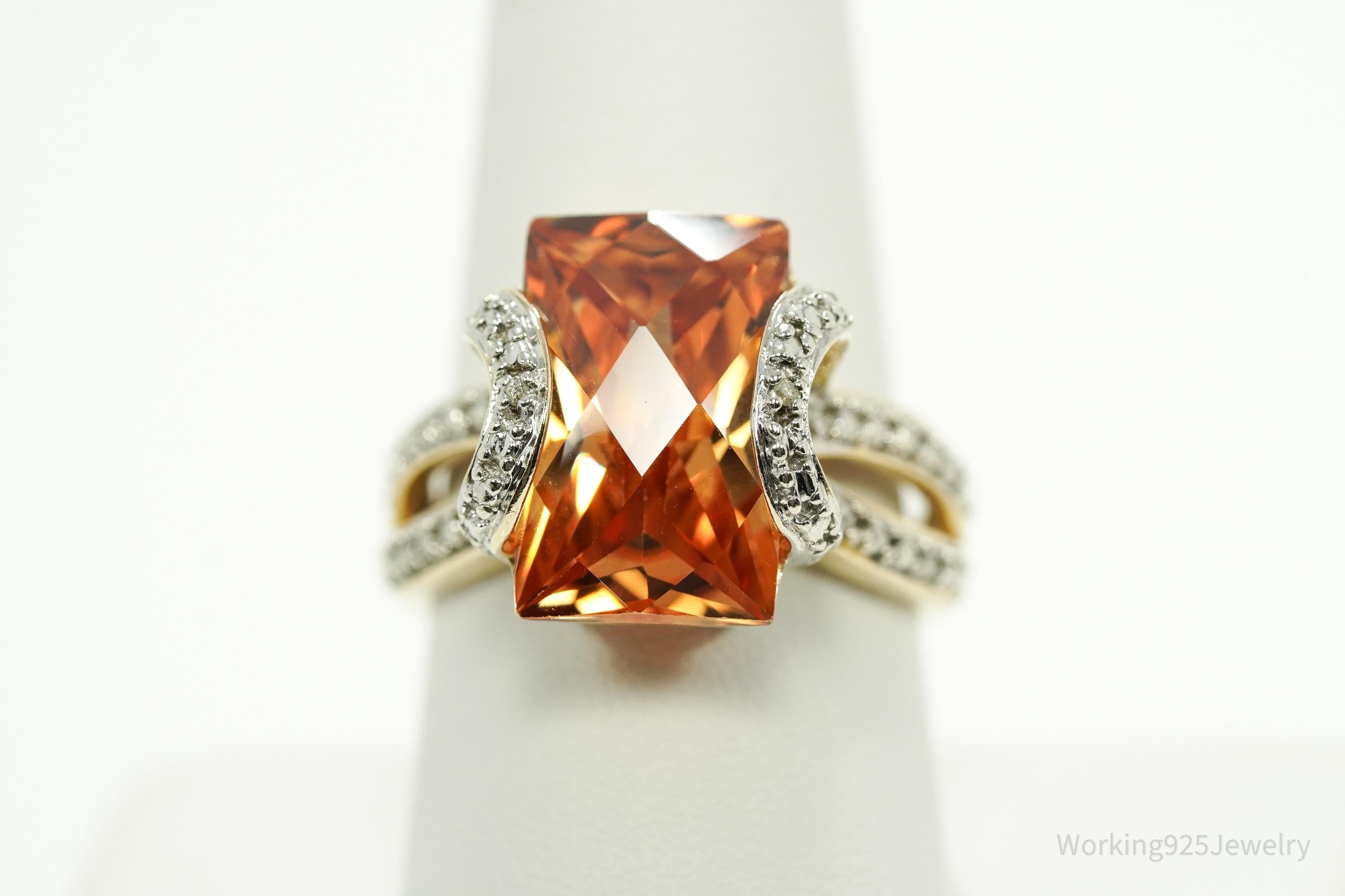 VTG Designer Ross Simons Orange Cubic Zirconia & Diamond Gold Over Sterling Silver Ring - Size 9.25