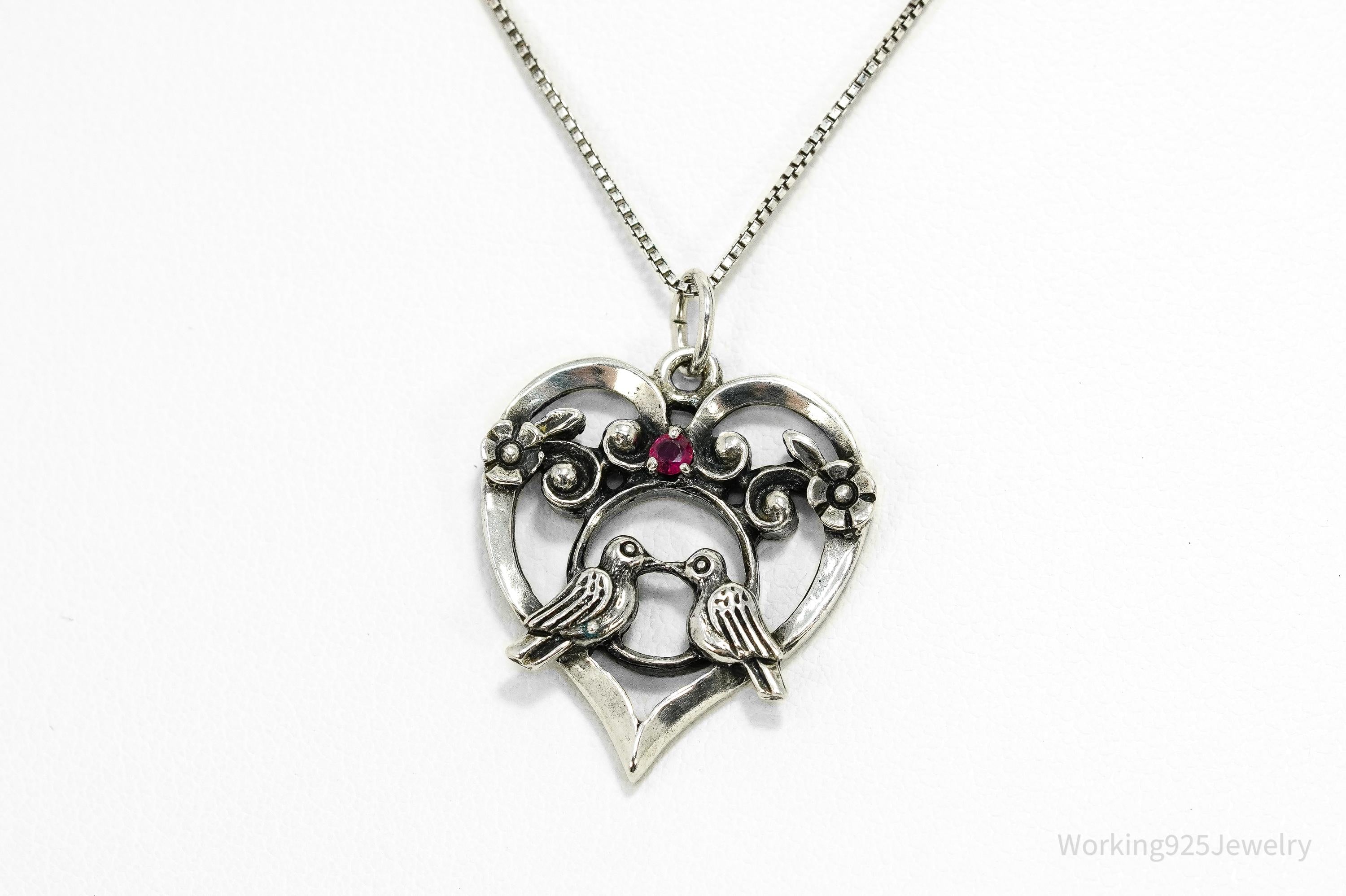 Vintage 1981 Franklin Mint Ruby Love Birds Sterling Silver Necklace 18"