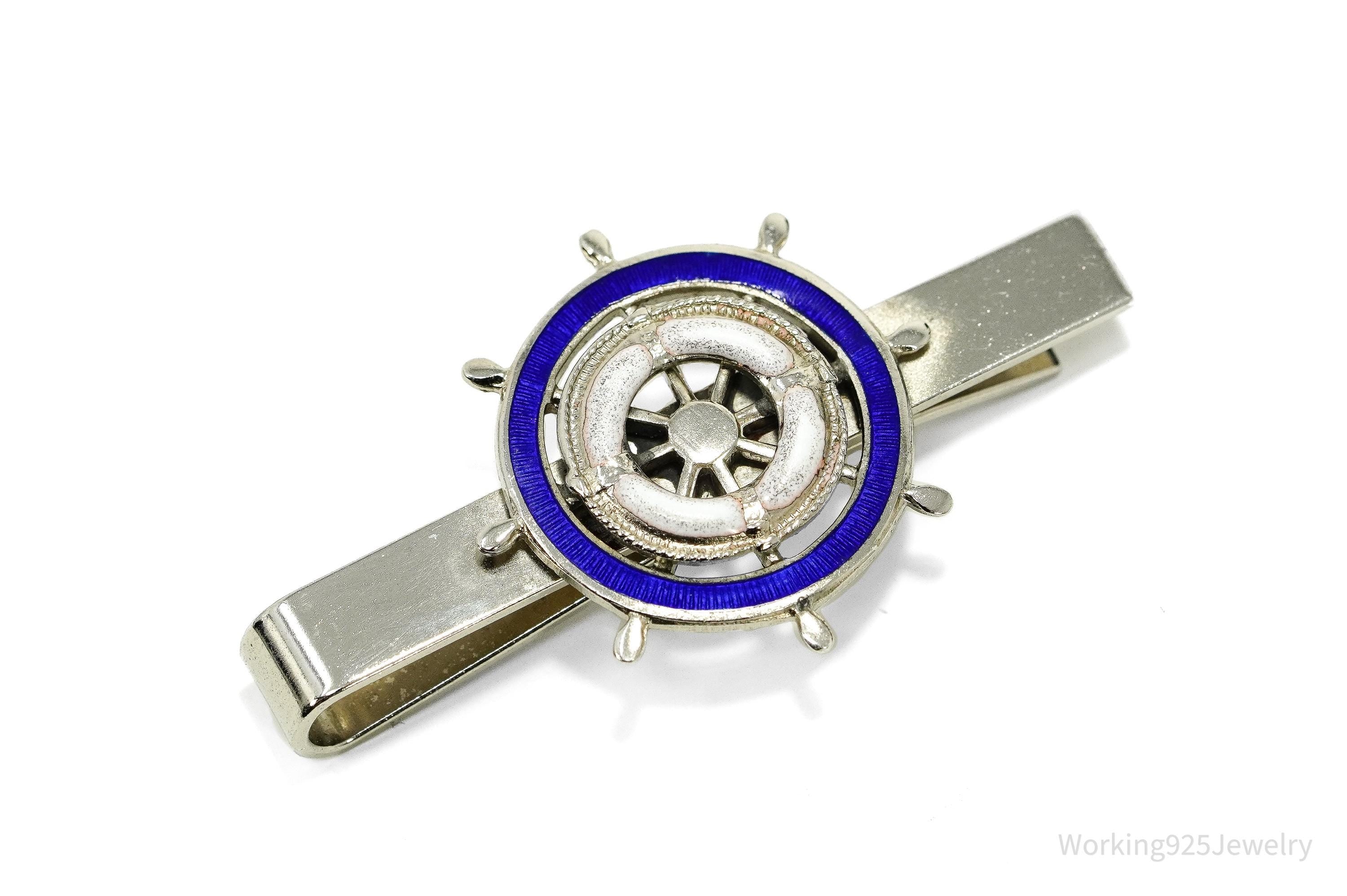Vintage Blue & White Enamel Ship Wheel Sterling Silver Tie Bar