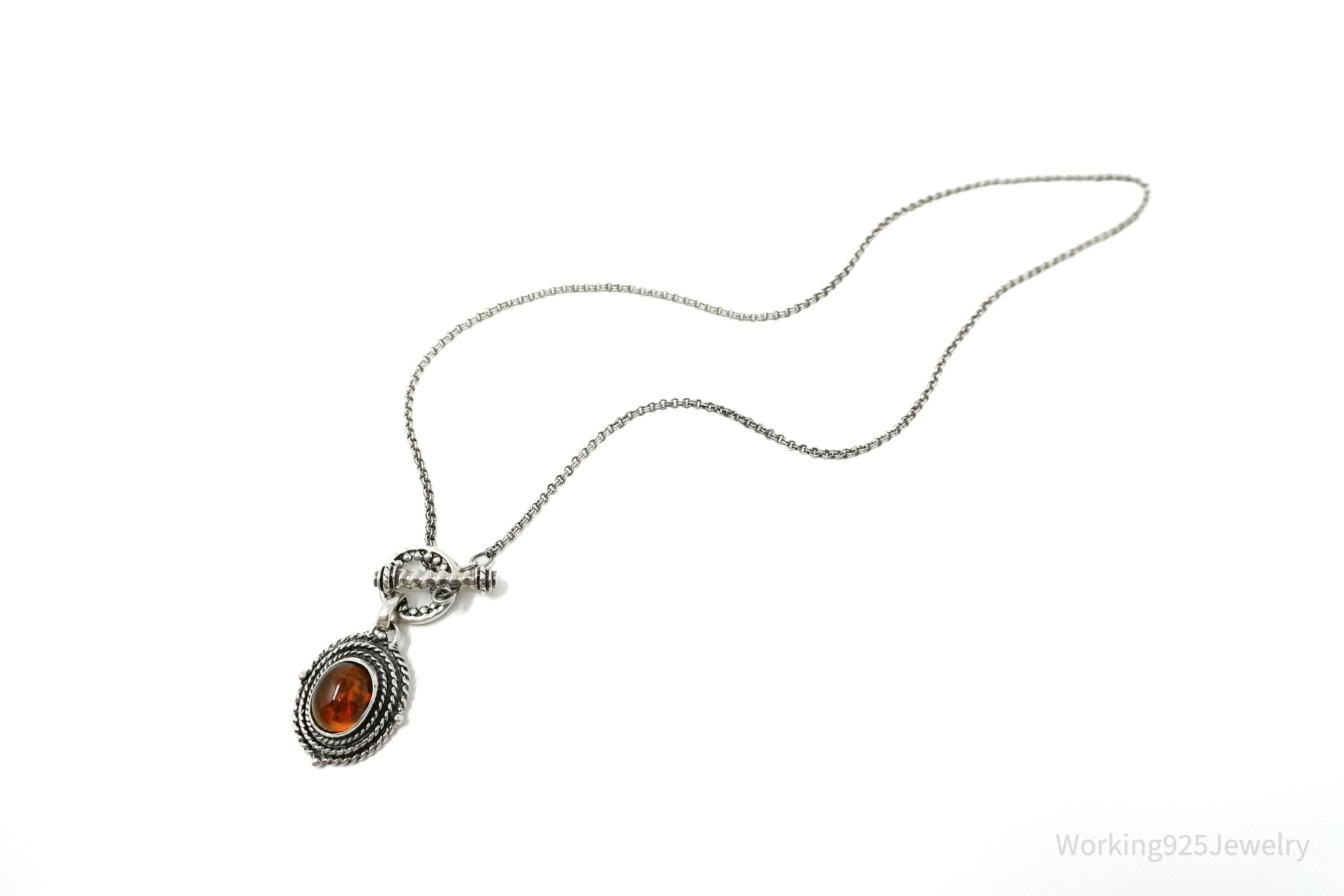 Vintage Amber Sterling Silver Toggle Necklace 18"