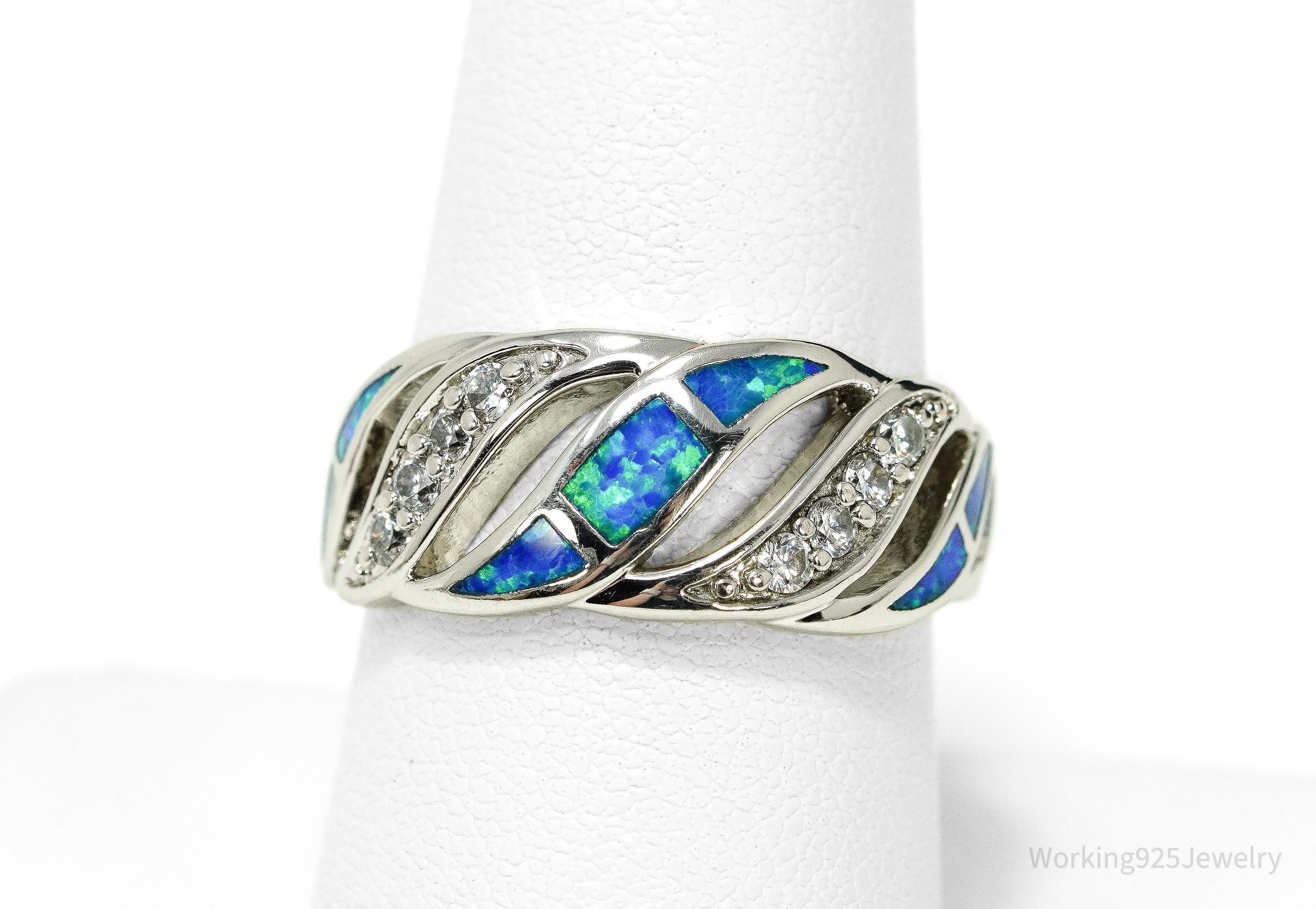 Vintage Cubic Zirconia & Opal Inlay Sterling Silver Ring - Size 8.5