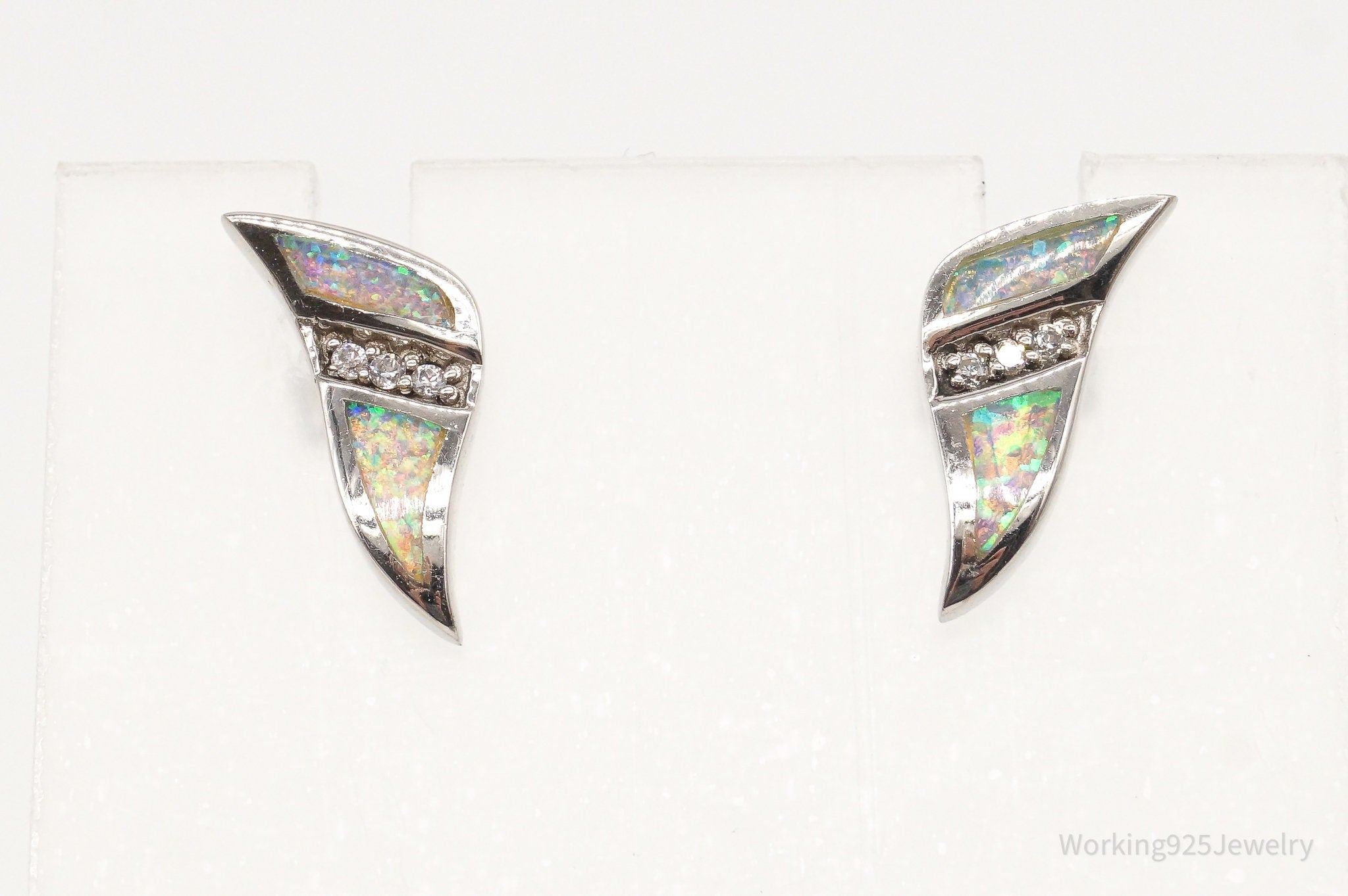 Vintage Opal Cubic Zirconia Art Deco Sterling Silver Earrings