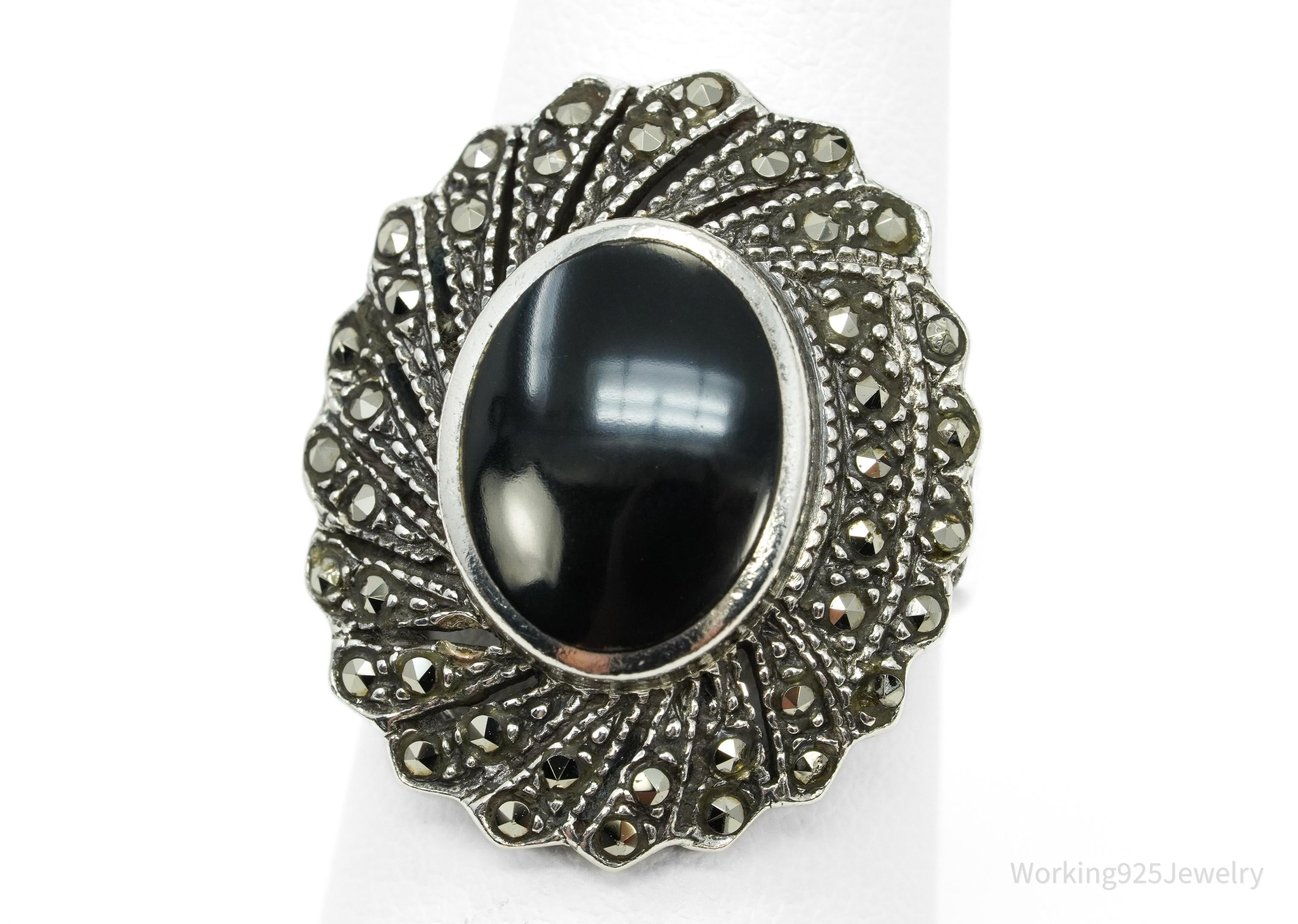 Vintage Black Onyx & Marcasite Sterling Silver Ring - Size 6.25