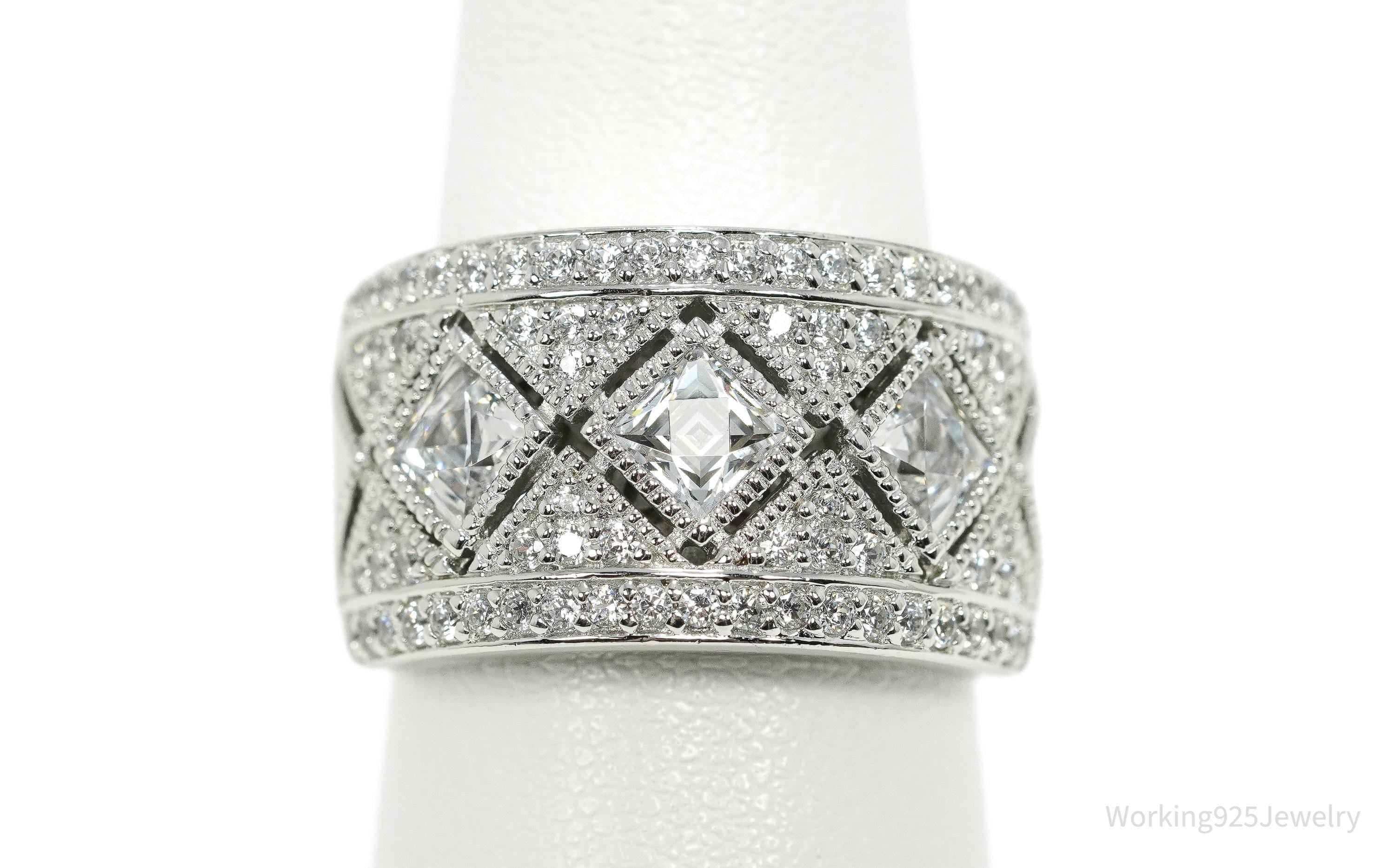 Designer Tycoon Cubic Zirconia Sterling Silver Wide Band Ring - Size 7