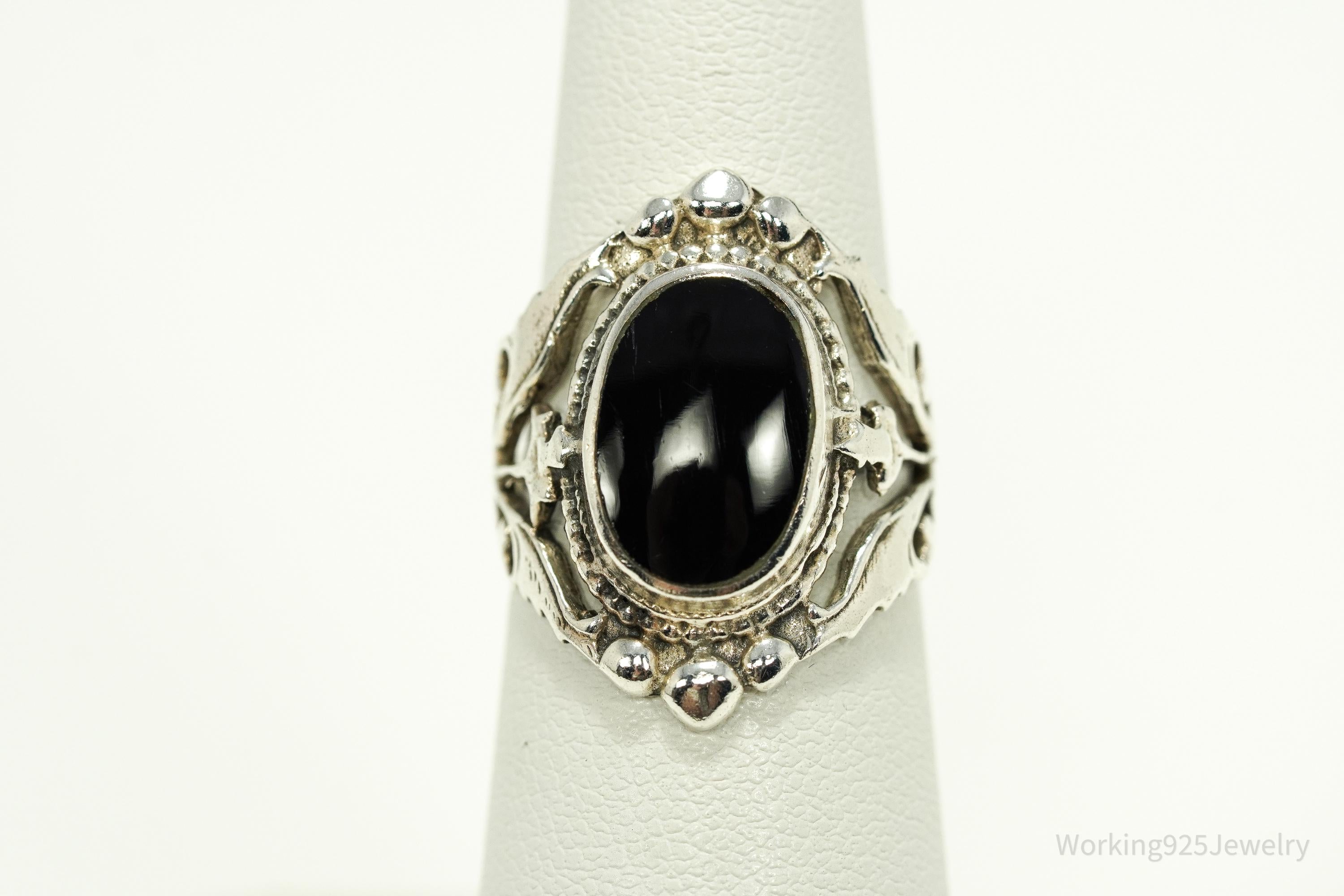 Vintage Black Onyx Ornate Sterling Silver Ring - Size 5.75