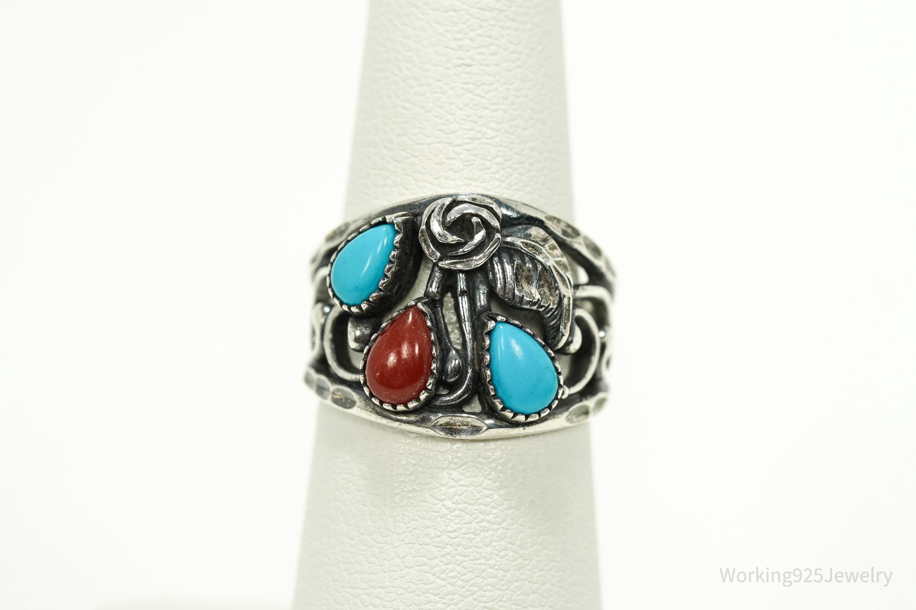 Vintage WMCO Turquoise & Coral Sterling Silver Ring SZ 5.75