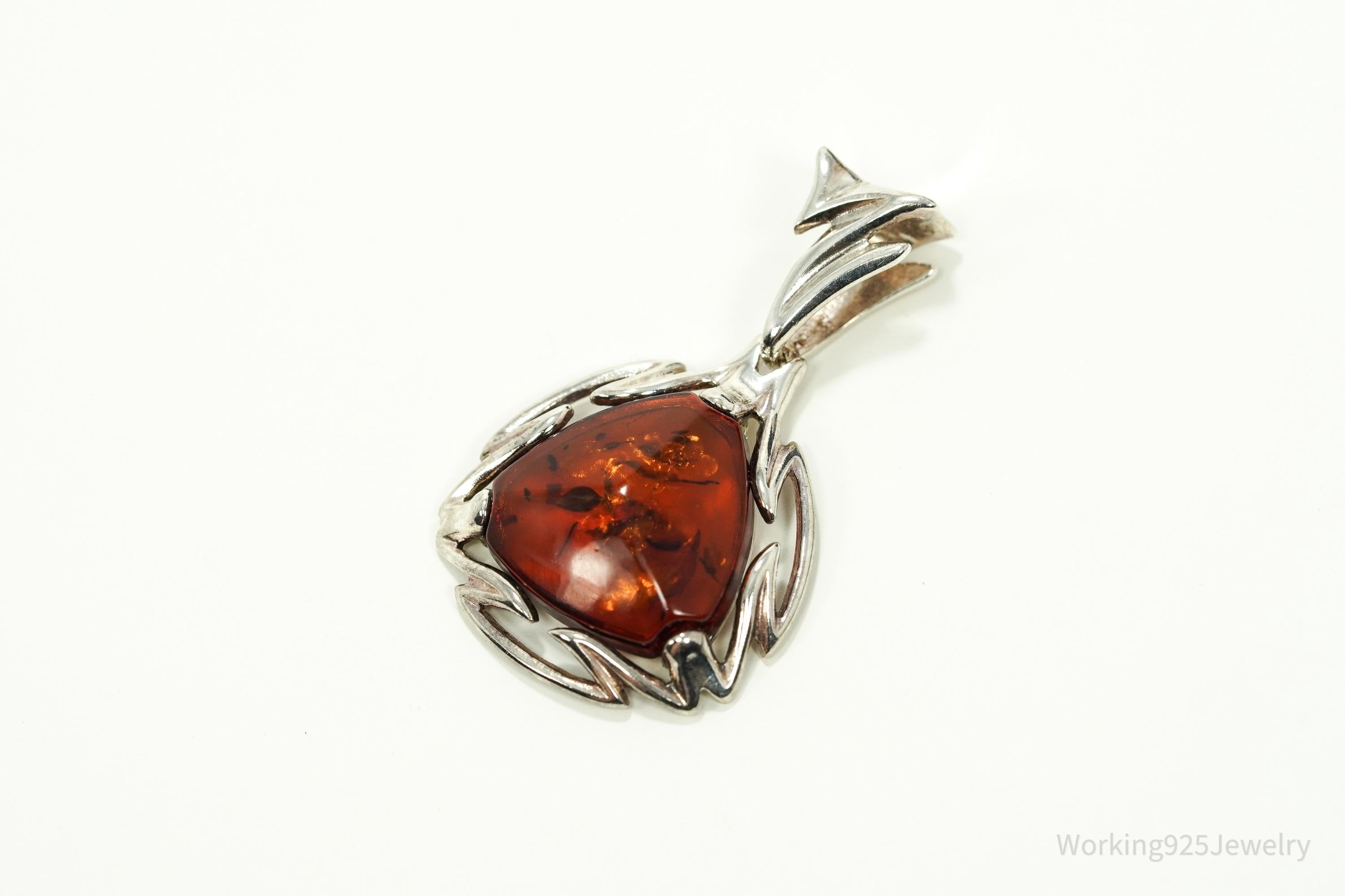 Large Vintage Modernist Amber Sterling Silver Pendant